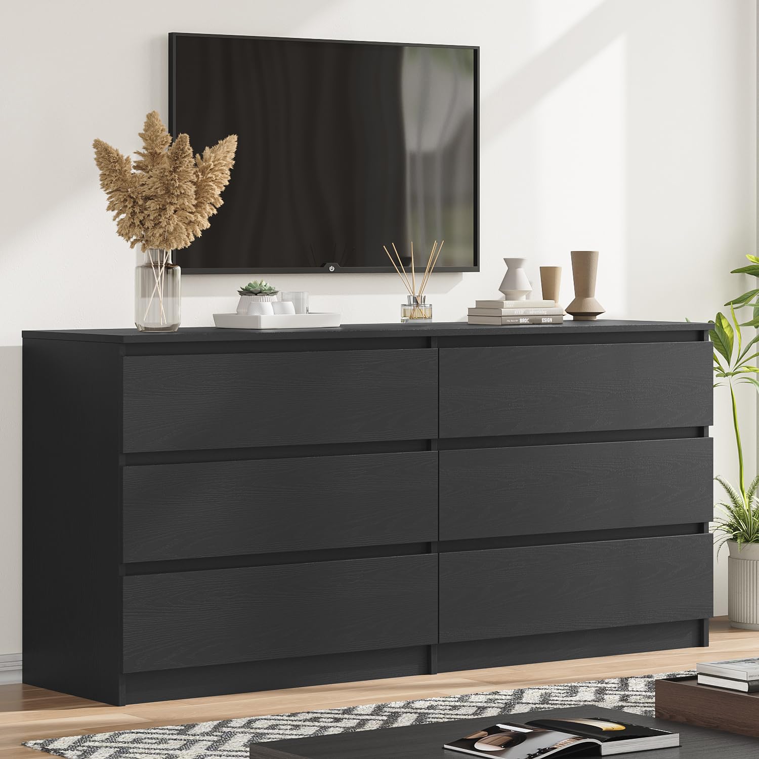 59 Inch Modern 6 Drawer Dresser Black