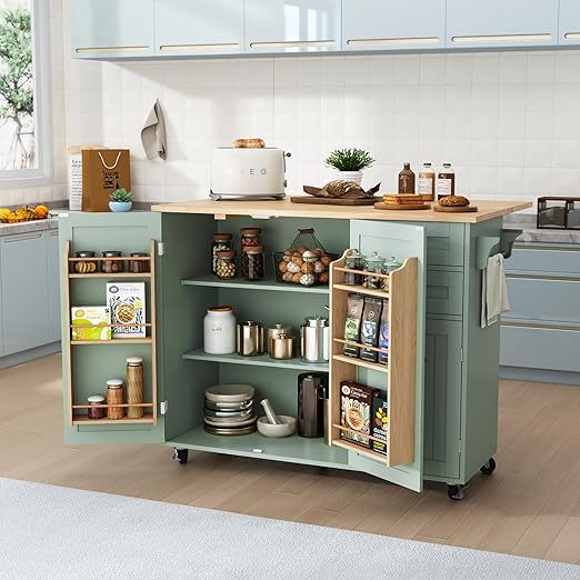 Grey Rolling Kitchen Island with Drop-Leaf and Storage