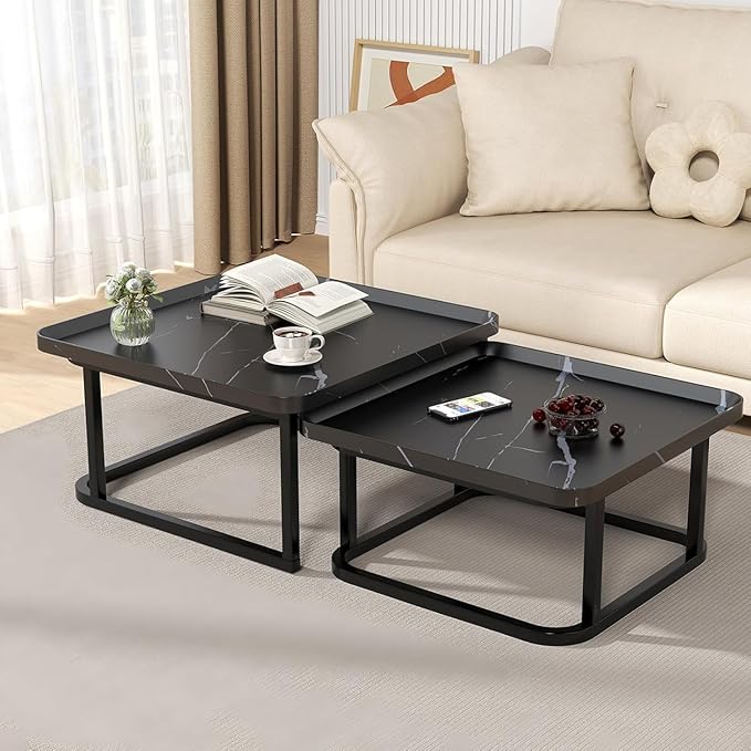 Square Nesting Coffee Table Set of 2 with Fluted Design