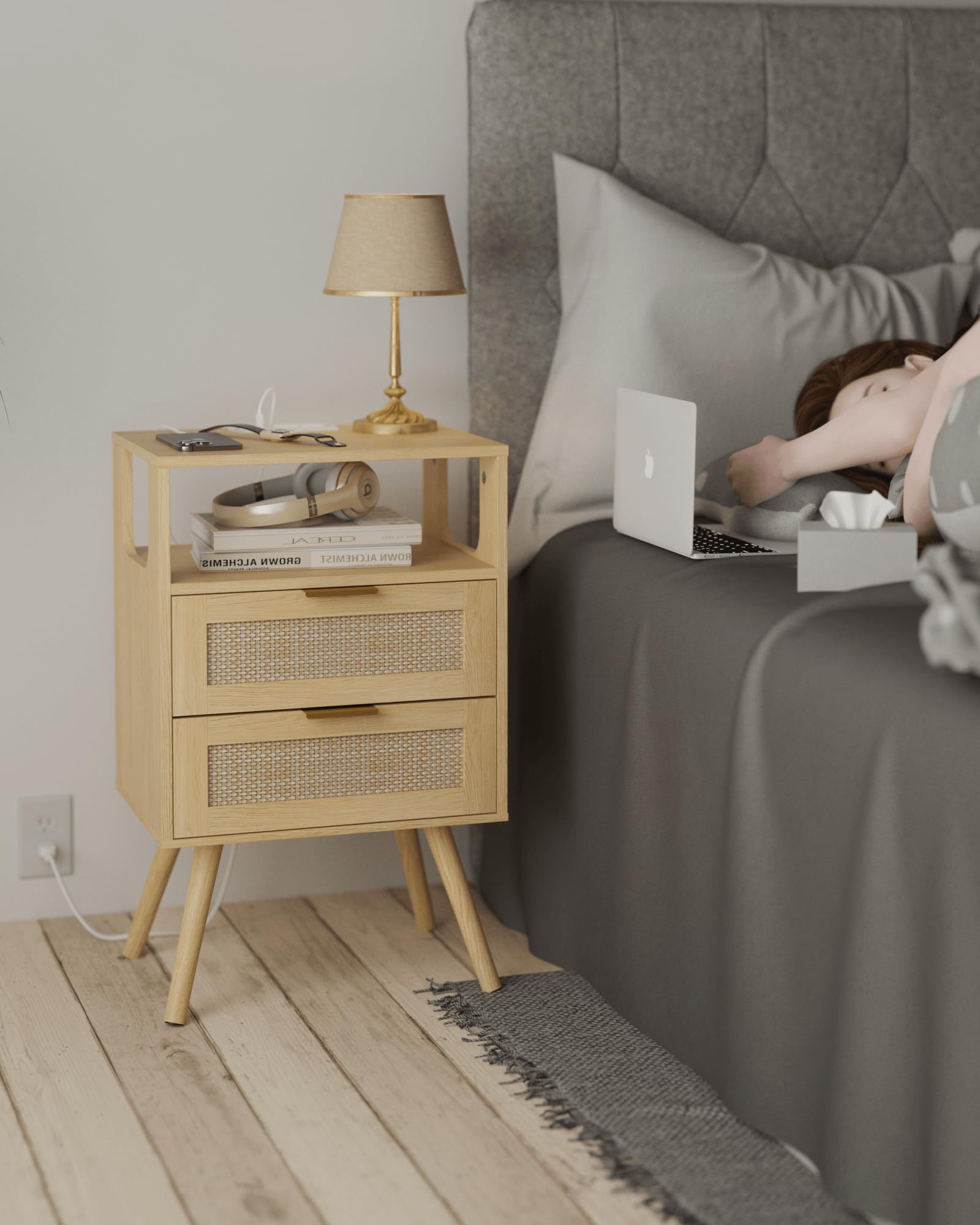 Rattan Nightstand with Charging Station