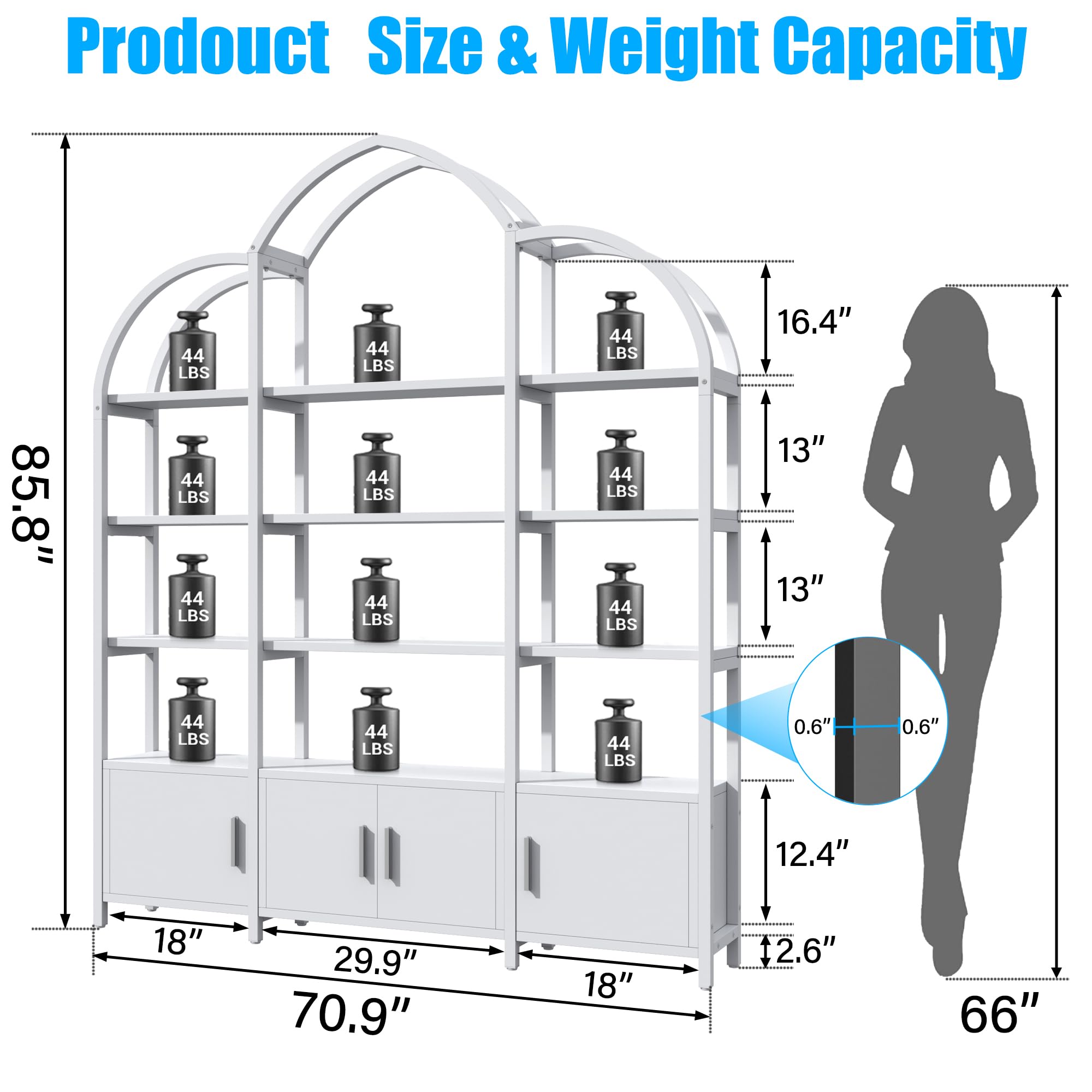 Tall Arched Bookshelf with 3 Cabinets - Triple Wide 5 Tier Industrial Etagere