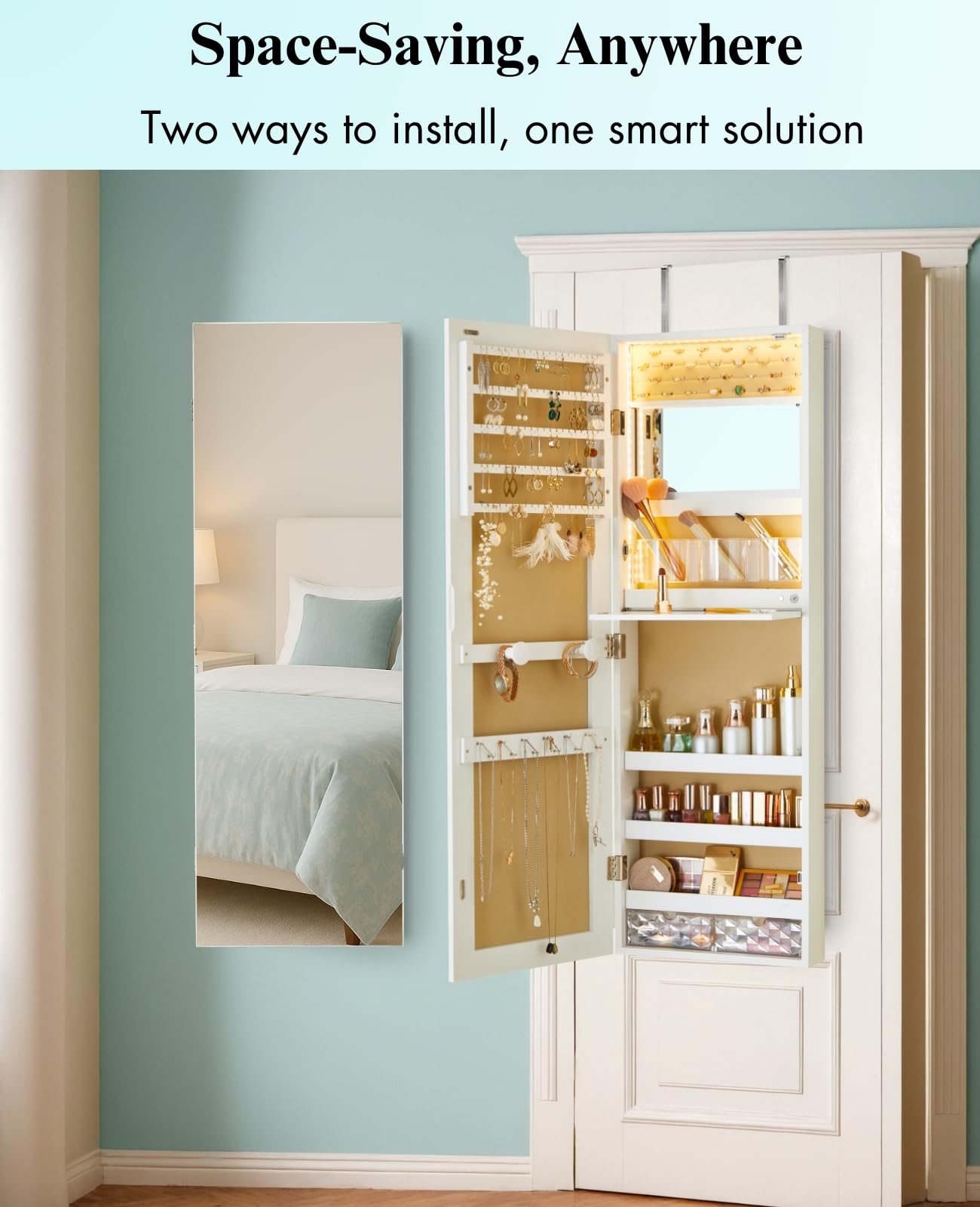 Wall Mounted Mirror Jewelry Cabinet with LED Lights