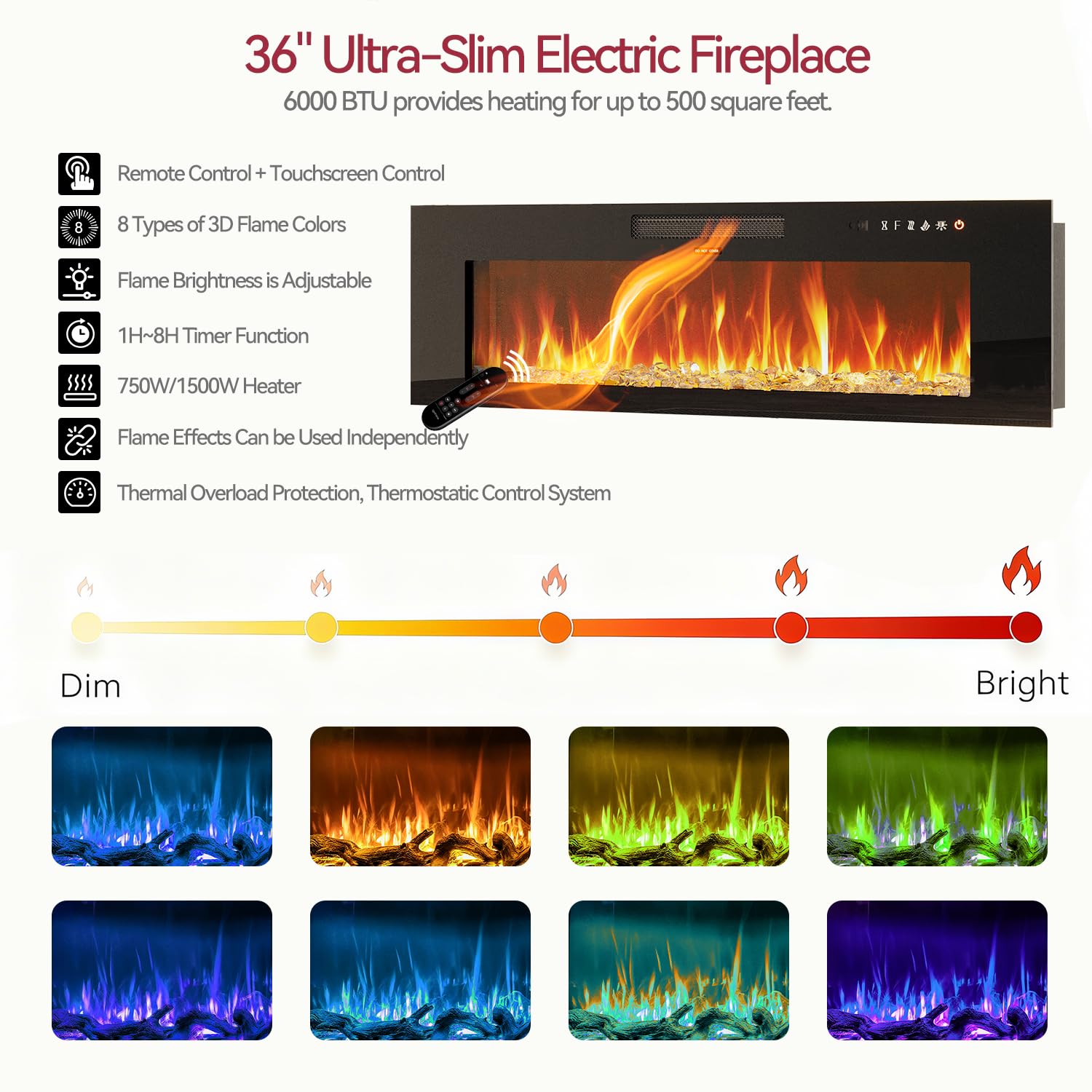 70" Electric Fireplace TV Stand with LED Lights