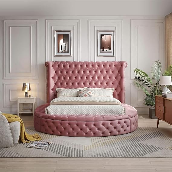 Upholstered Round Storage Bed Grey Velvet Queen