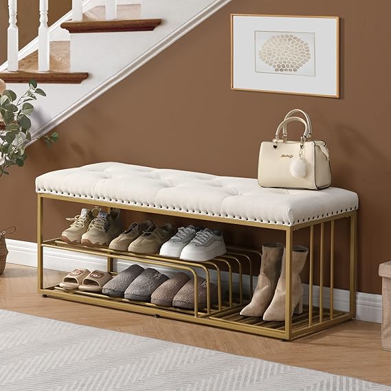 Upholstered Storage Bench with Shoe Rack