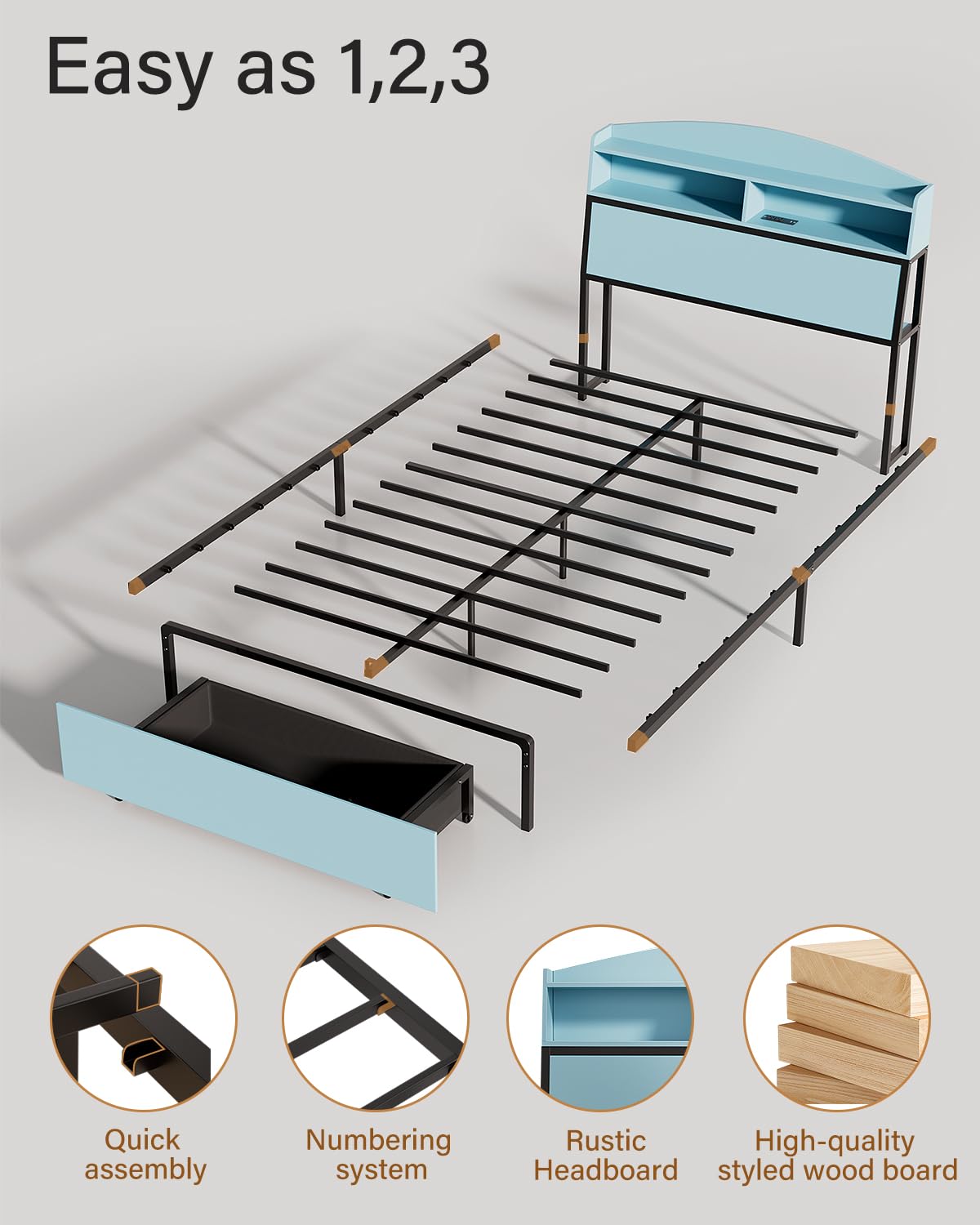 Twin Bed Frame with Storage and Charging Station