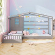 Double Twin L-Shaped House Bed with Window and Fences