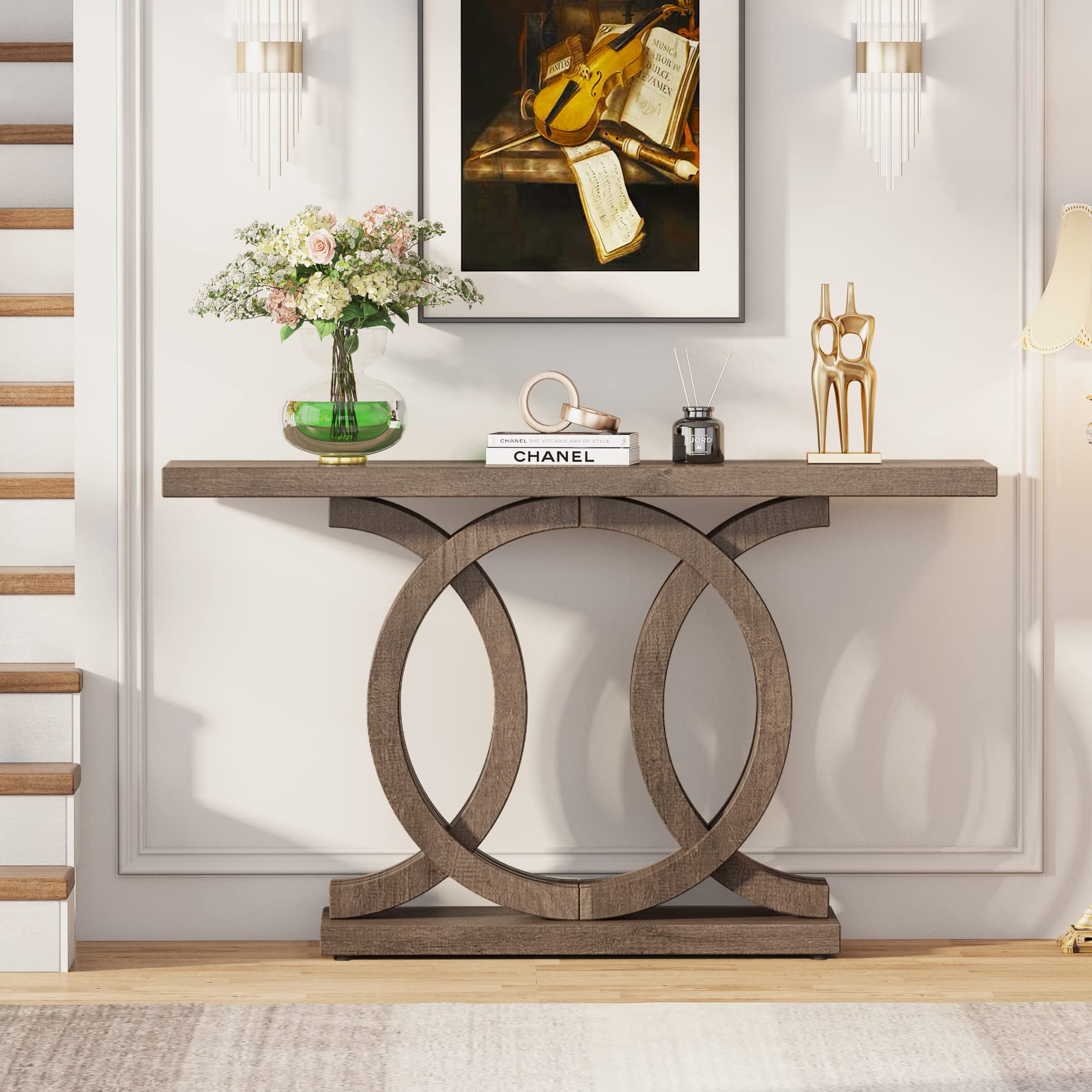 55" Wooden Console Table with Geometric Base