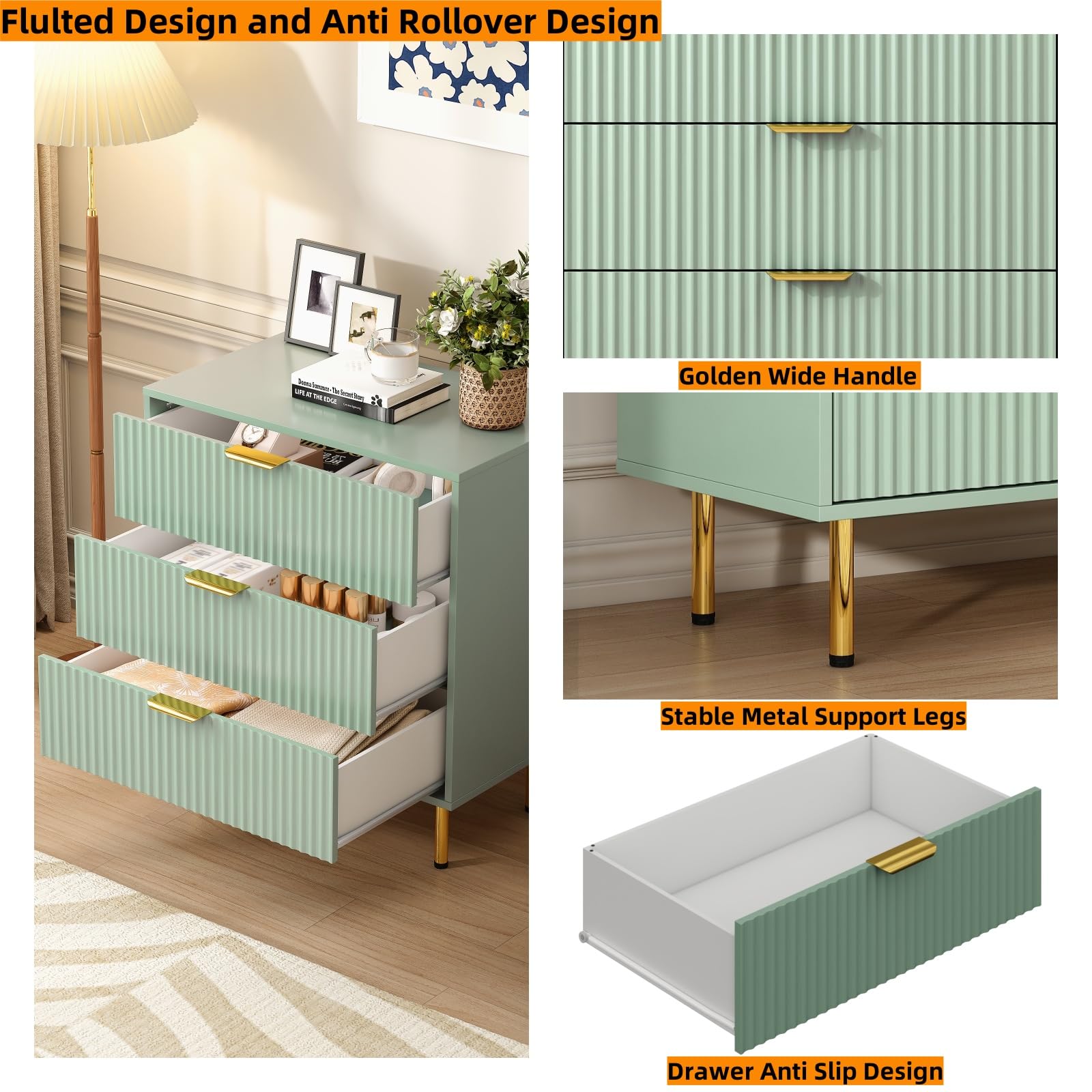 Sage Green Fluted Nightstand Set of 2 with 3 Drawers