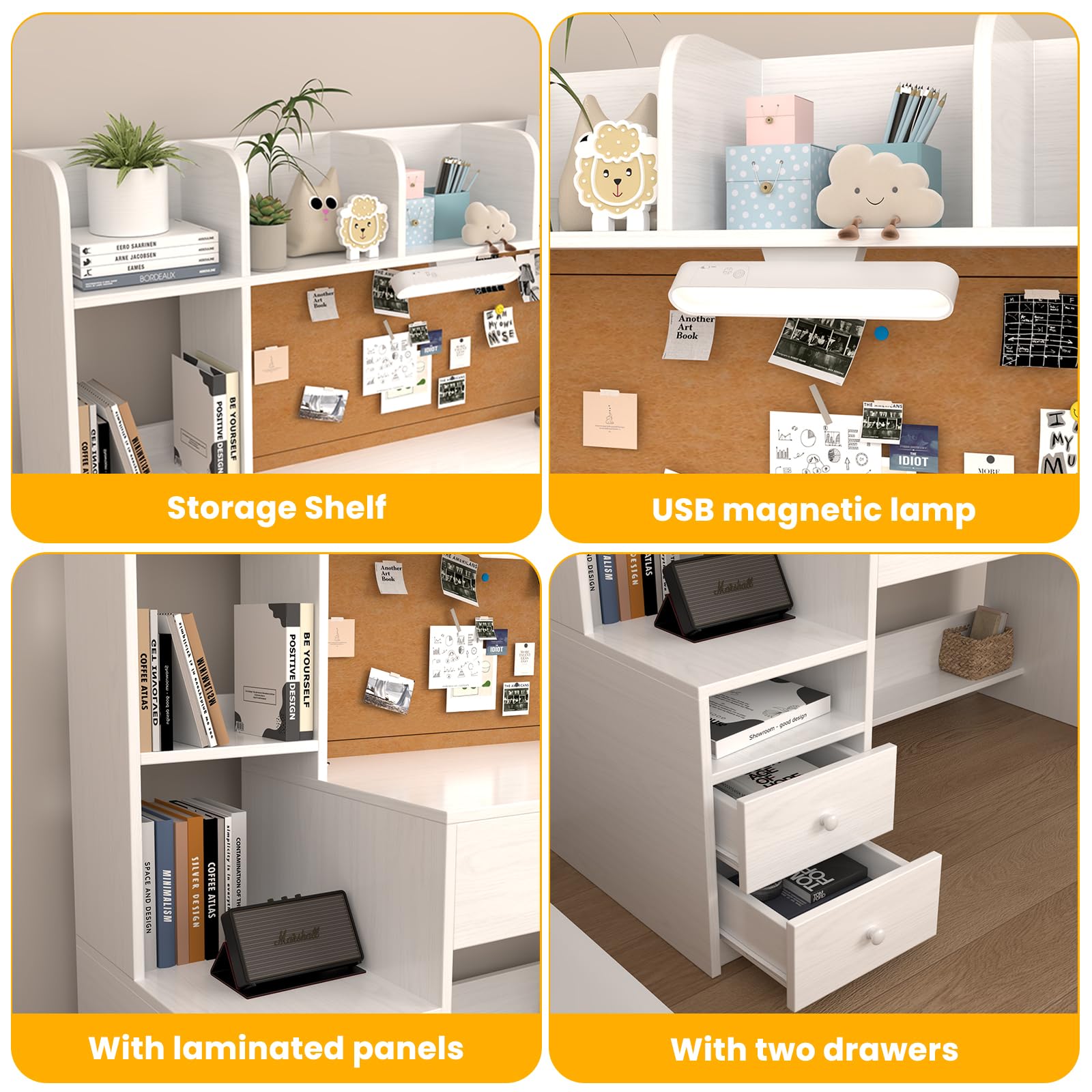 Kids Study Desk and Chair Set with Storage Hutch and LED Light