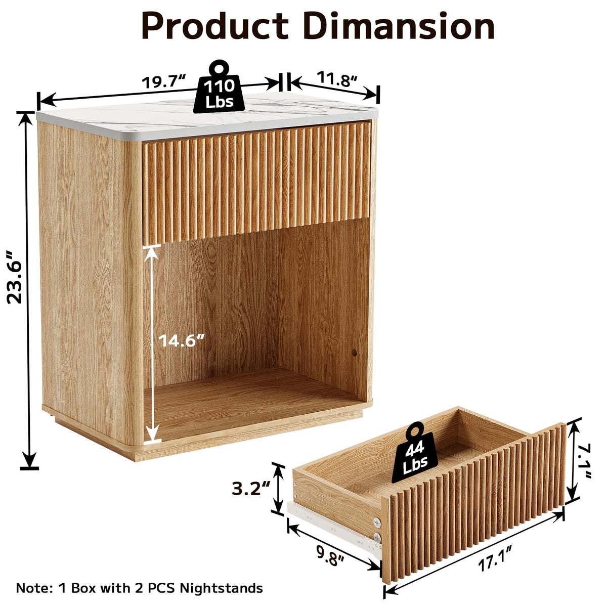 Modern Fluted Nightstand Set of 2 with Drawer and Open Shelf
