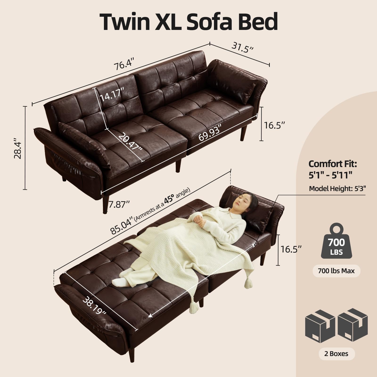 85" Futon Sofa Bed with Storage and Adjustable Armrests