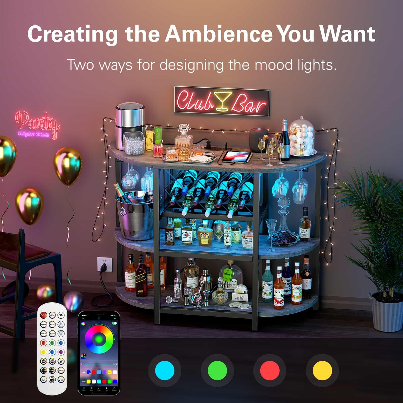 LED Bar Cart with Power Outlet and 4-Tier Storage