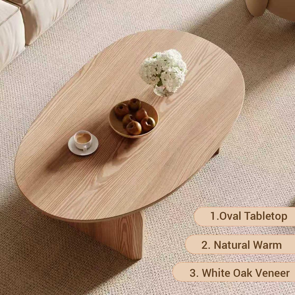 Modern Oval Coffee Table - Oak Wood Top with Solid Legs