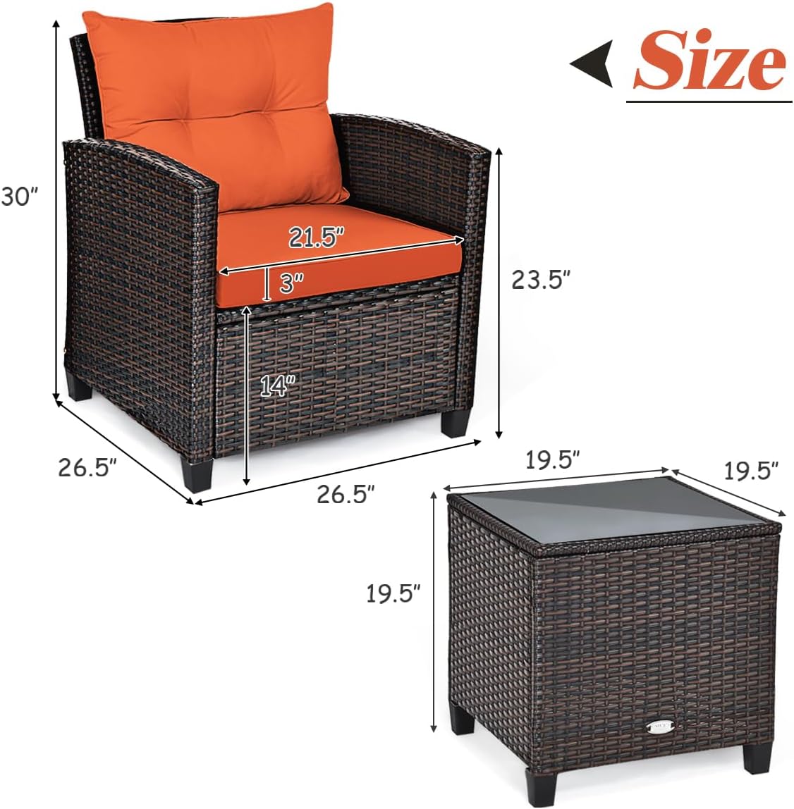 KOTEK 3 Piece Patio Furniture Set, Outdoor Conversation Set with Washable Cushions & Tempered Glass Tabletop, PE Rattan Wicker Bistro Set for Porch, Garden, Balcony (Orange)