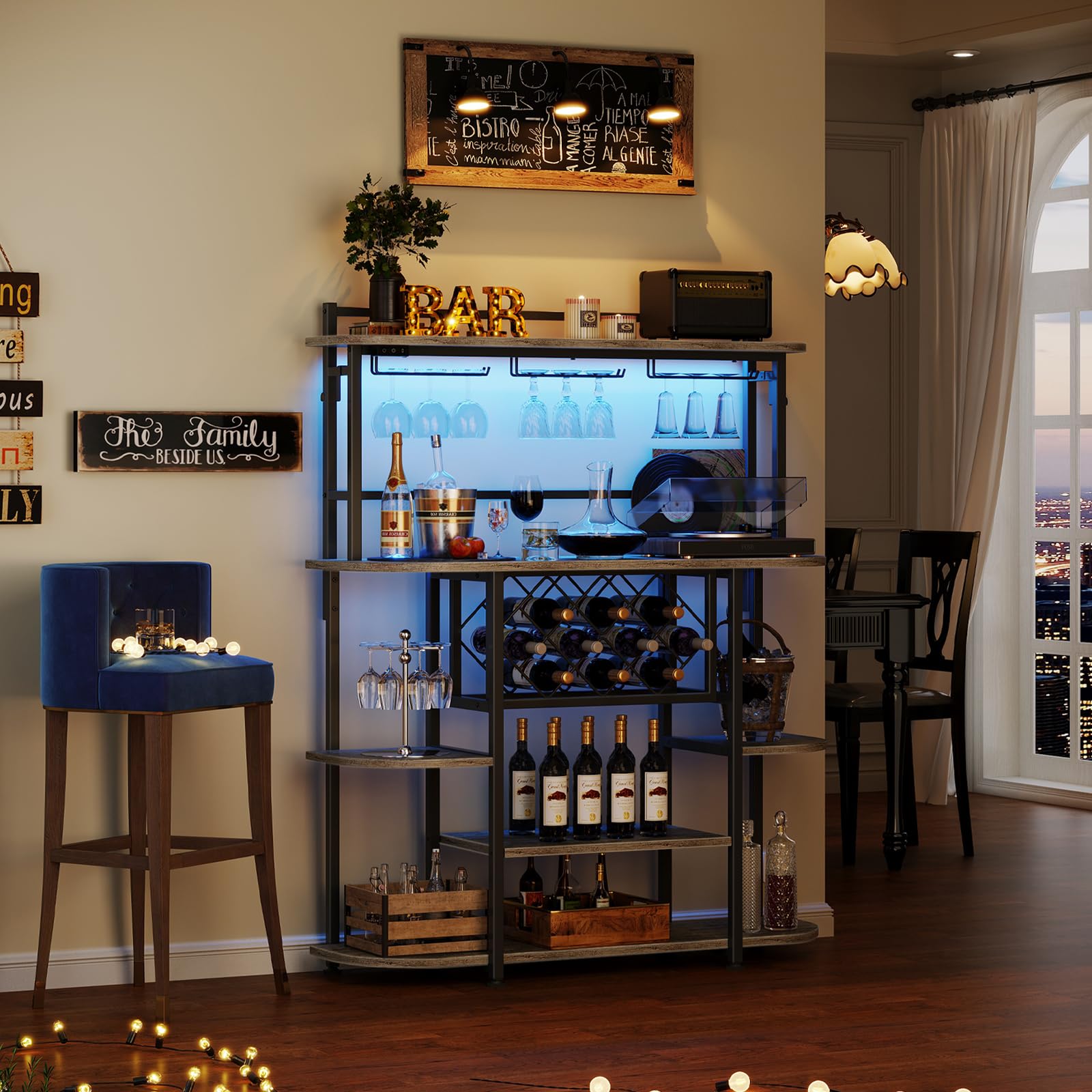 6-Tier Wine Rack with LED Light and Glass Holder