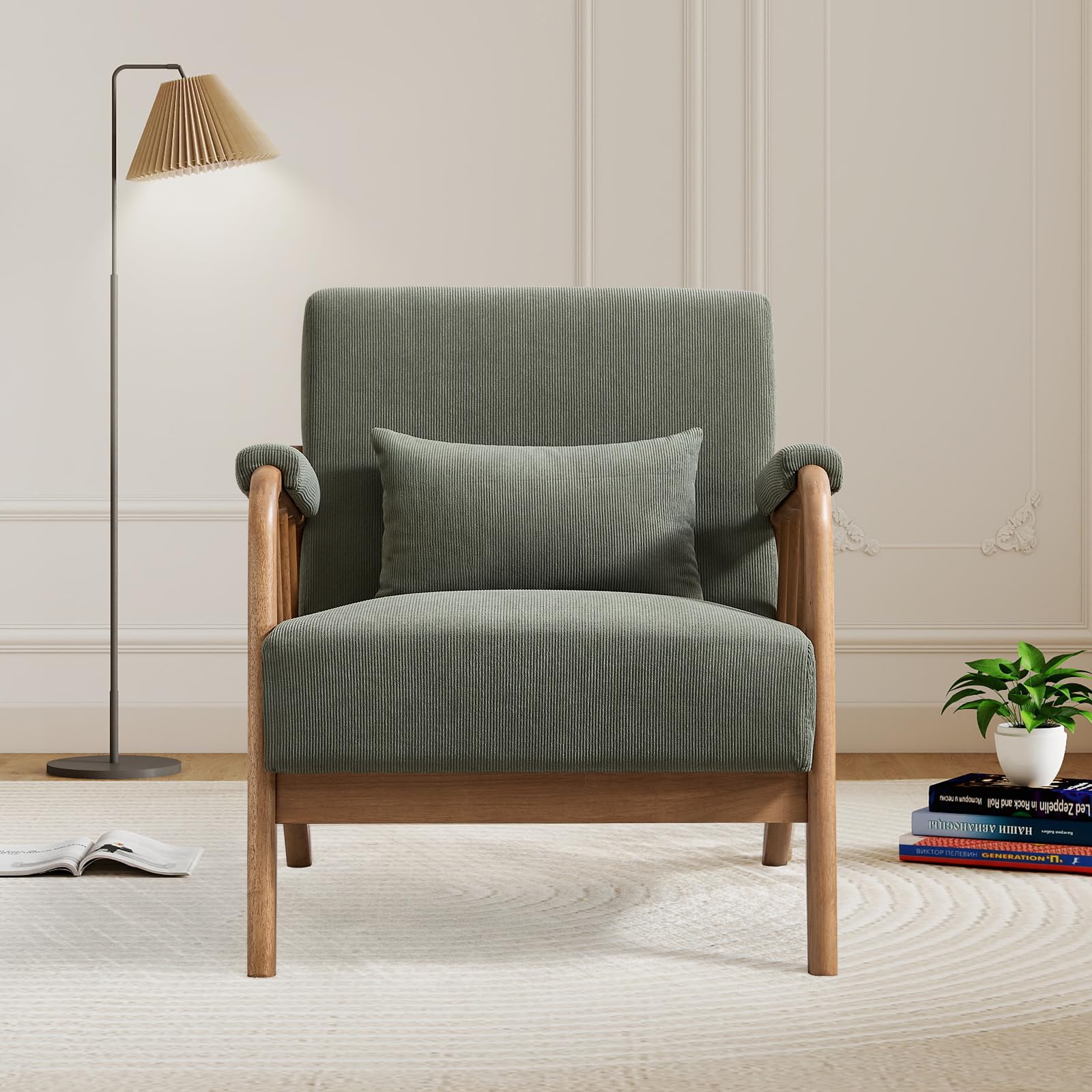 IOMOR Mid Century Modern Accent Chair with Solid Wood Frame, Upholstered Living Room Chairs with Lumbar Cushion Padded Arms, Reading Armchair for Bedroom (1, Olive Green)