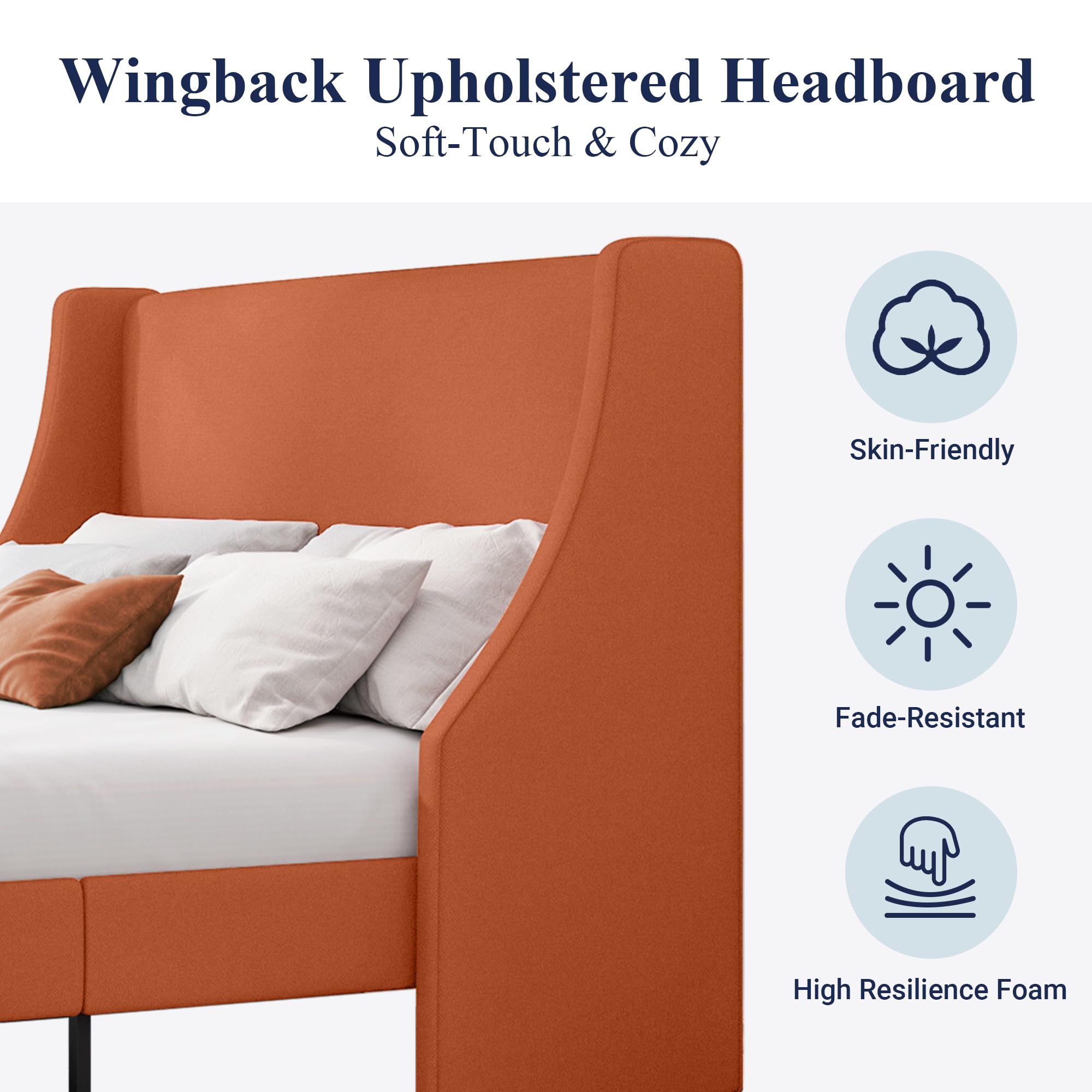 King Size Platform Bed Frame with Upholstered Wingback Headboard