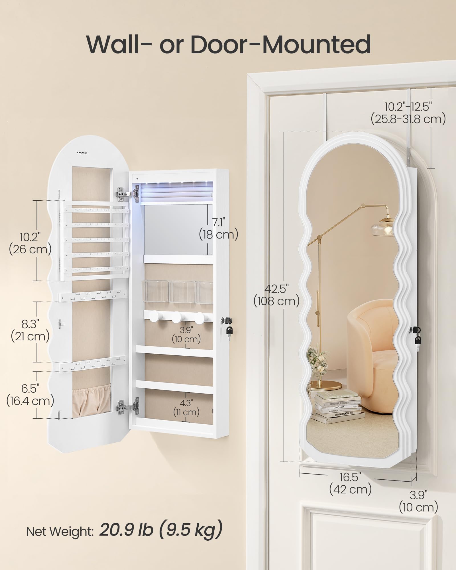 Wall-Mounted Mirror Jewelry Cabinet with LED Lights