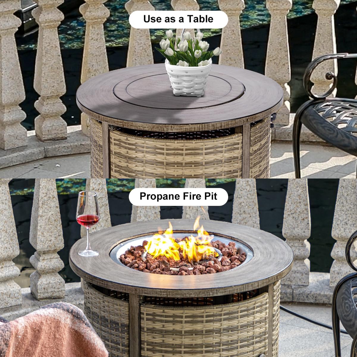 32 Inch Propane Fire Pit Table with Lid and Lava Rocks
