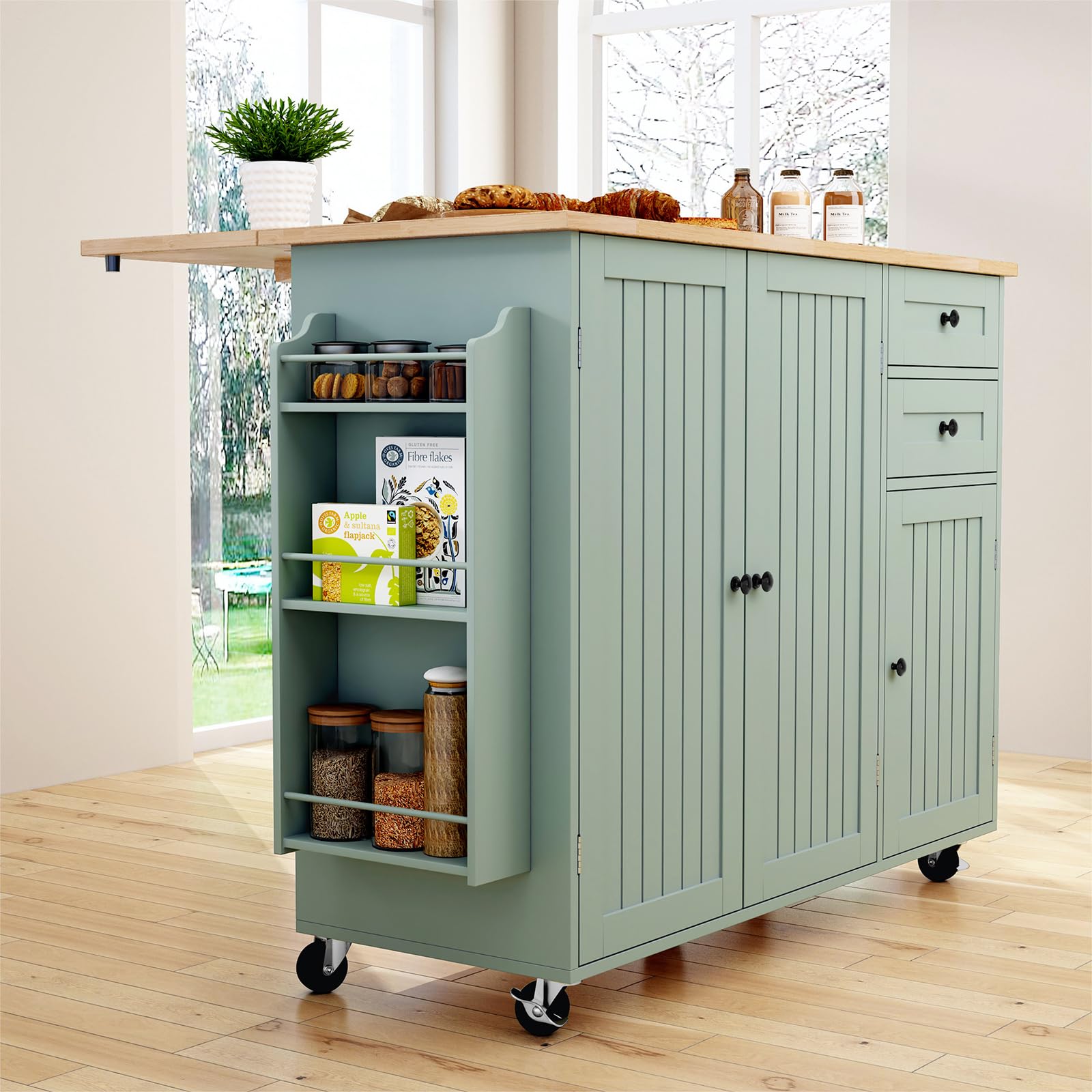 Sage Green Rolling Kitchen Island with Drop-Leaf and Storage