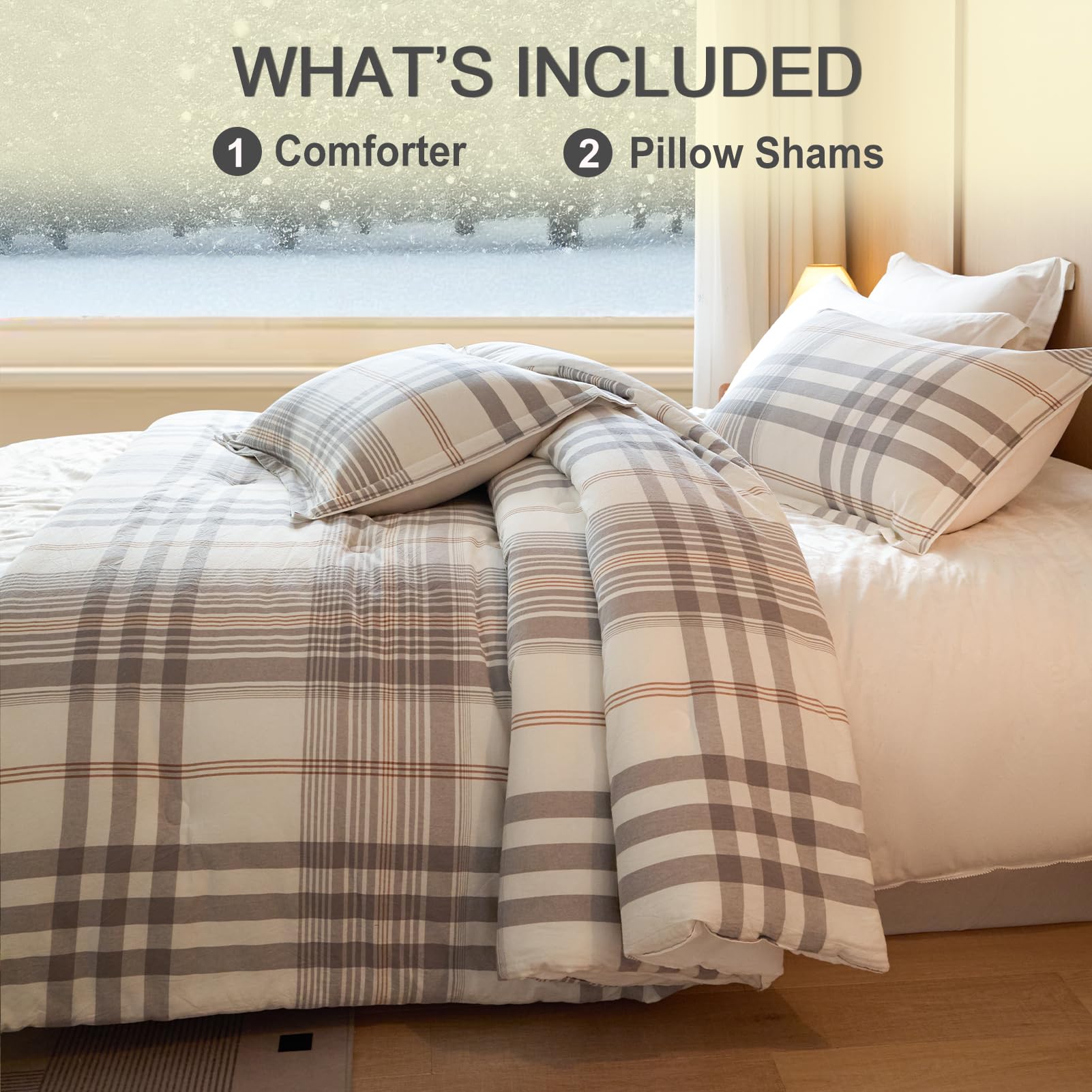 3-Piece Queen Cotton Comforter Set Grey White Plaid