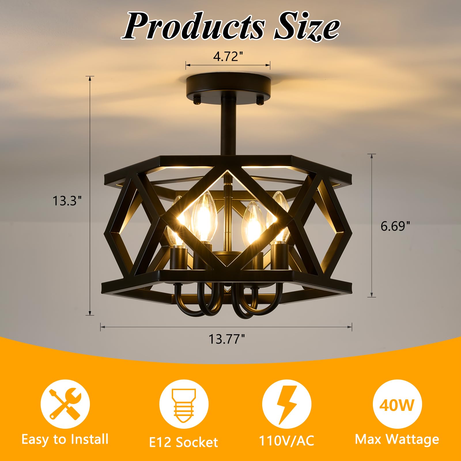Black Semi Flush Mount Ceiling Light 4-Light Farmhouse Chandelier