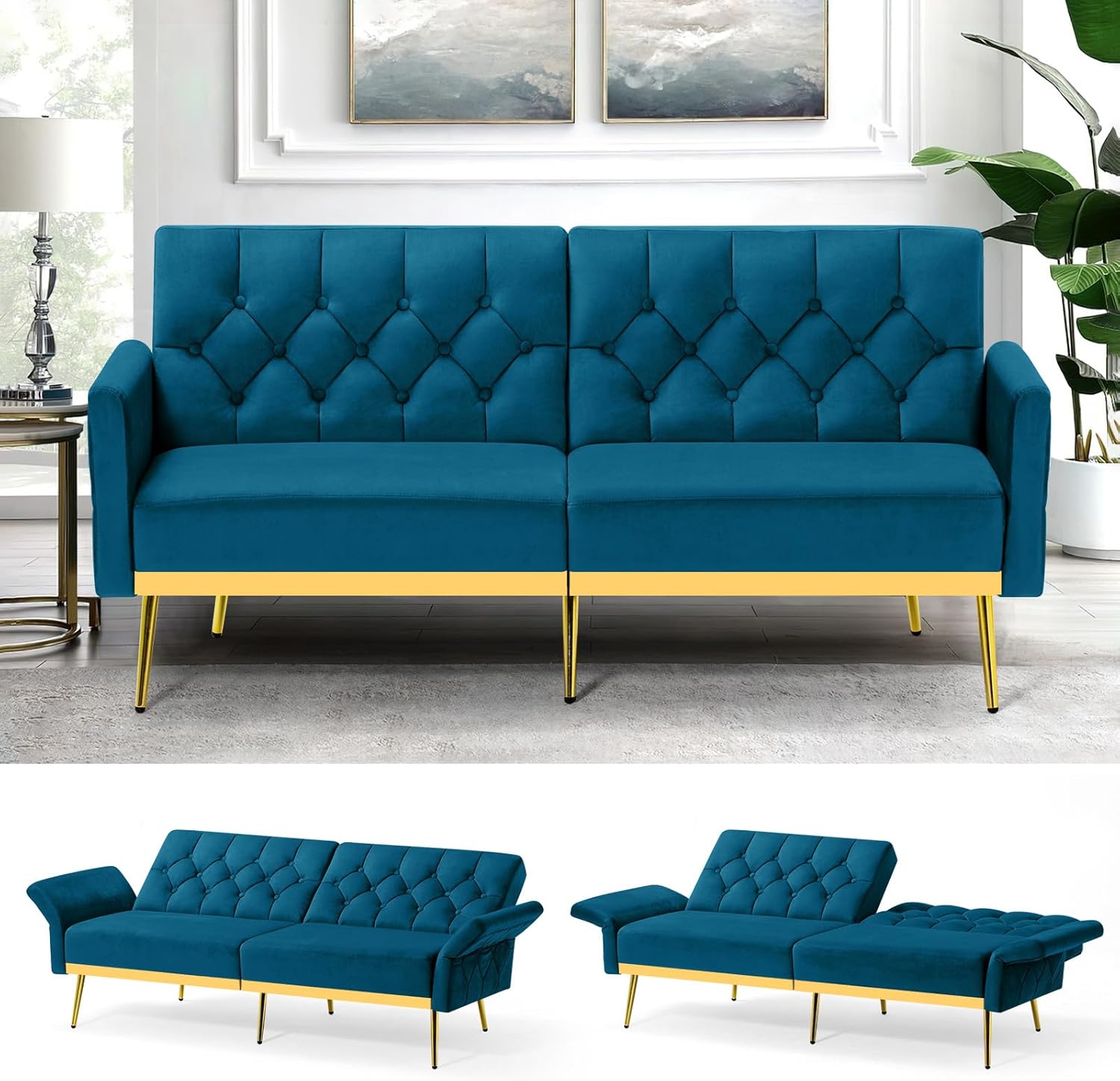 Velvet Futon Sofa Bed with Adjustable Armrests