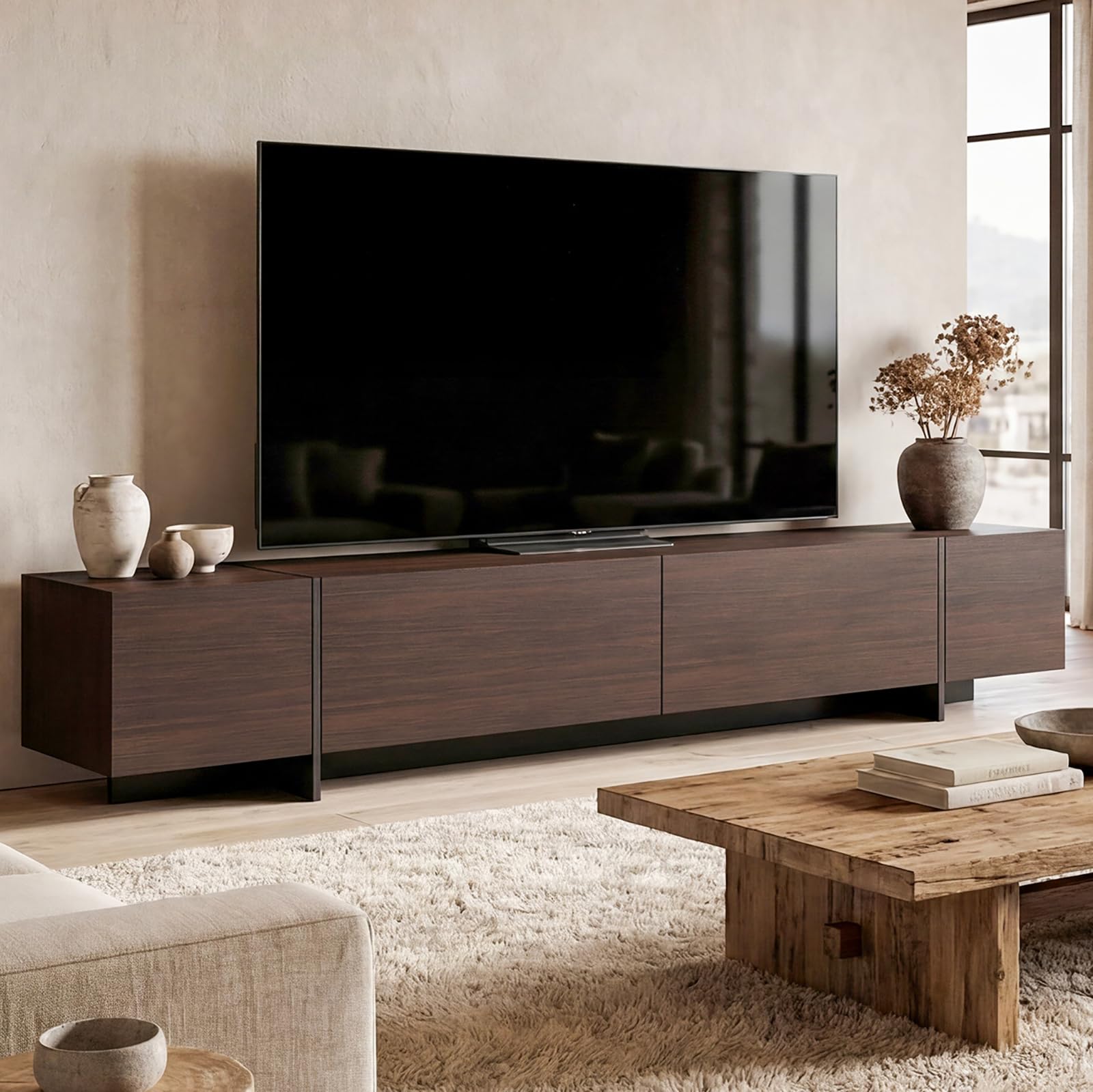 95.1" TV Stand with 4 Flip-Down Drawers - Modern Entertainment Center