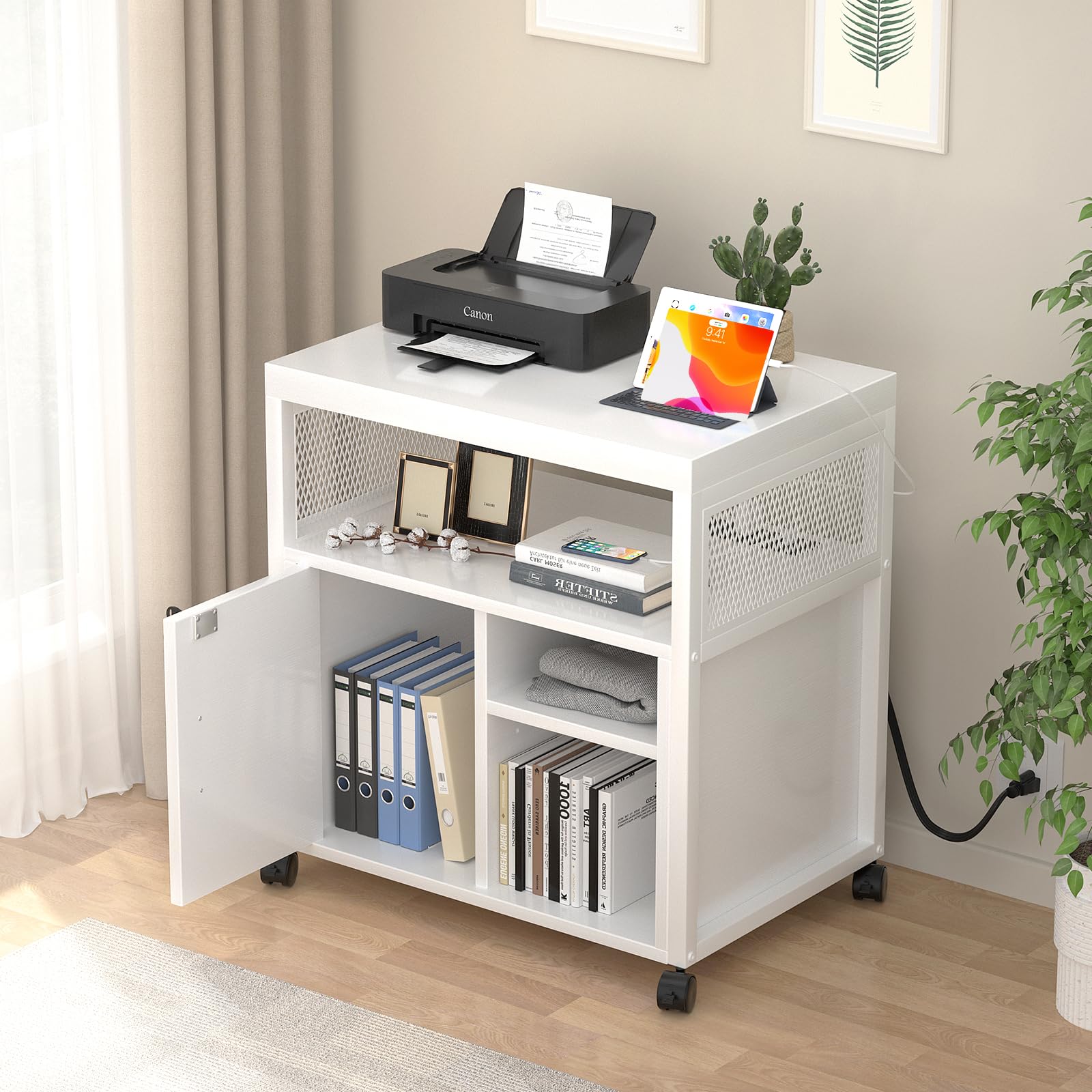 Rolling File Cabinet with USB Charging and Lockable Storage