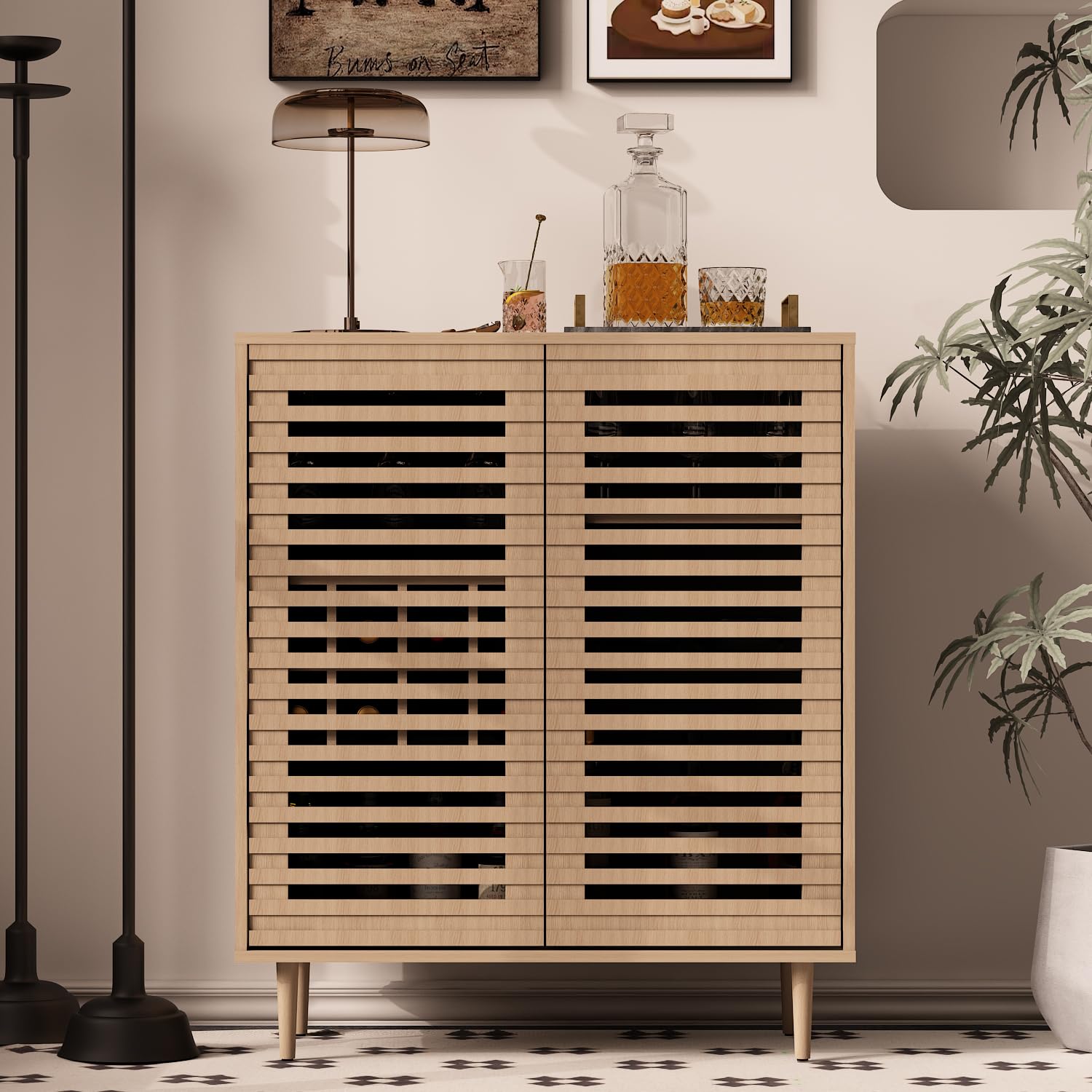 Mid Century Bar Cabinet with Wine Racks and Slatted Doors