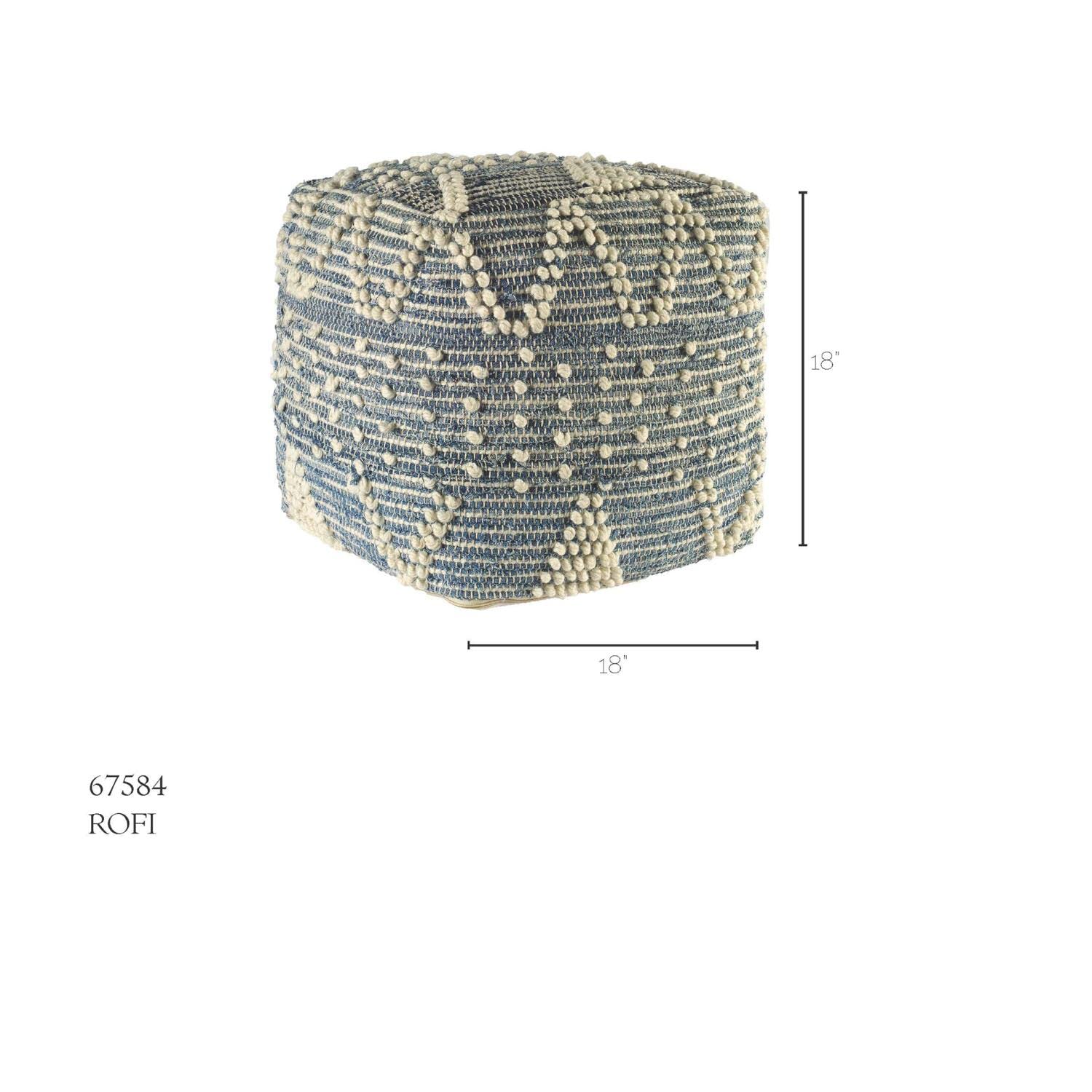Handwoven Wool Square Pouf 16x16x16 Blue Ivory