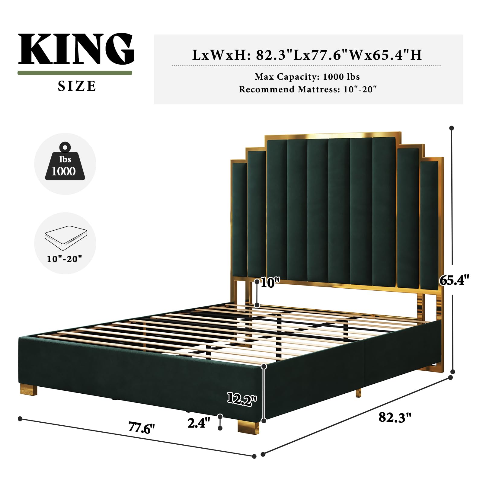 California King Upholstered Bed Frame - Velvet Platform Bed with Gold Trim Headboard