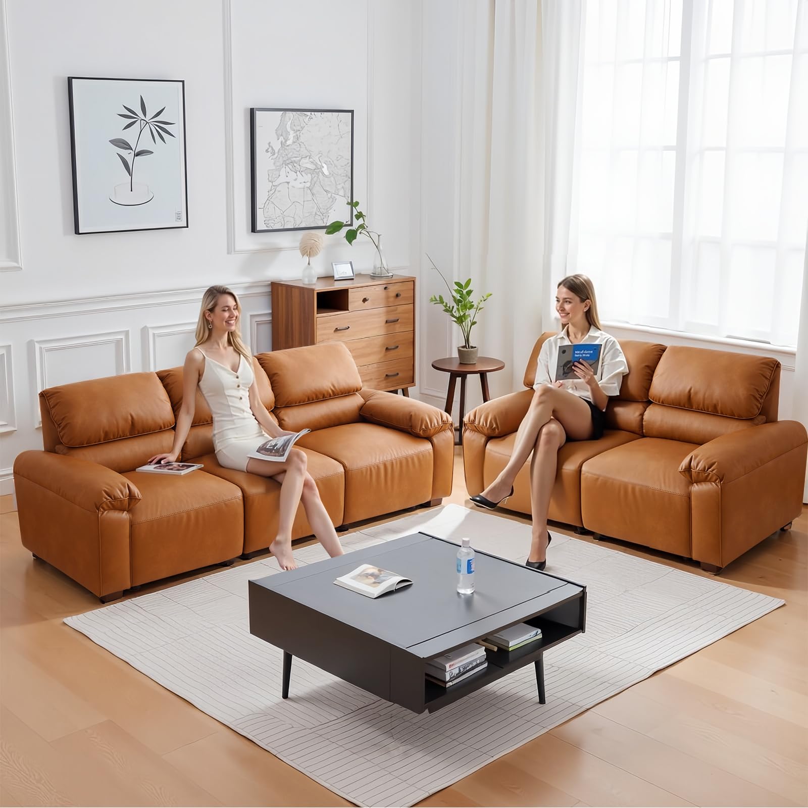 95" Mid-Century Modern PU Leather Sofa