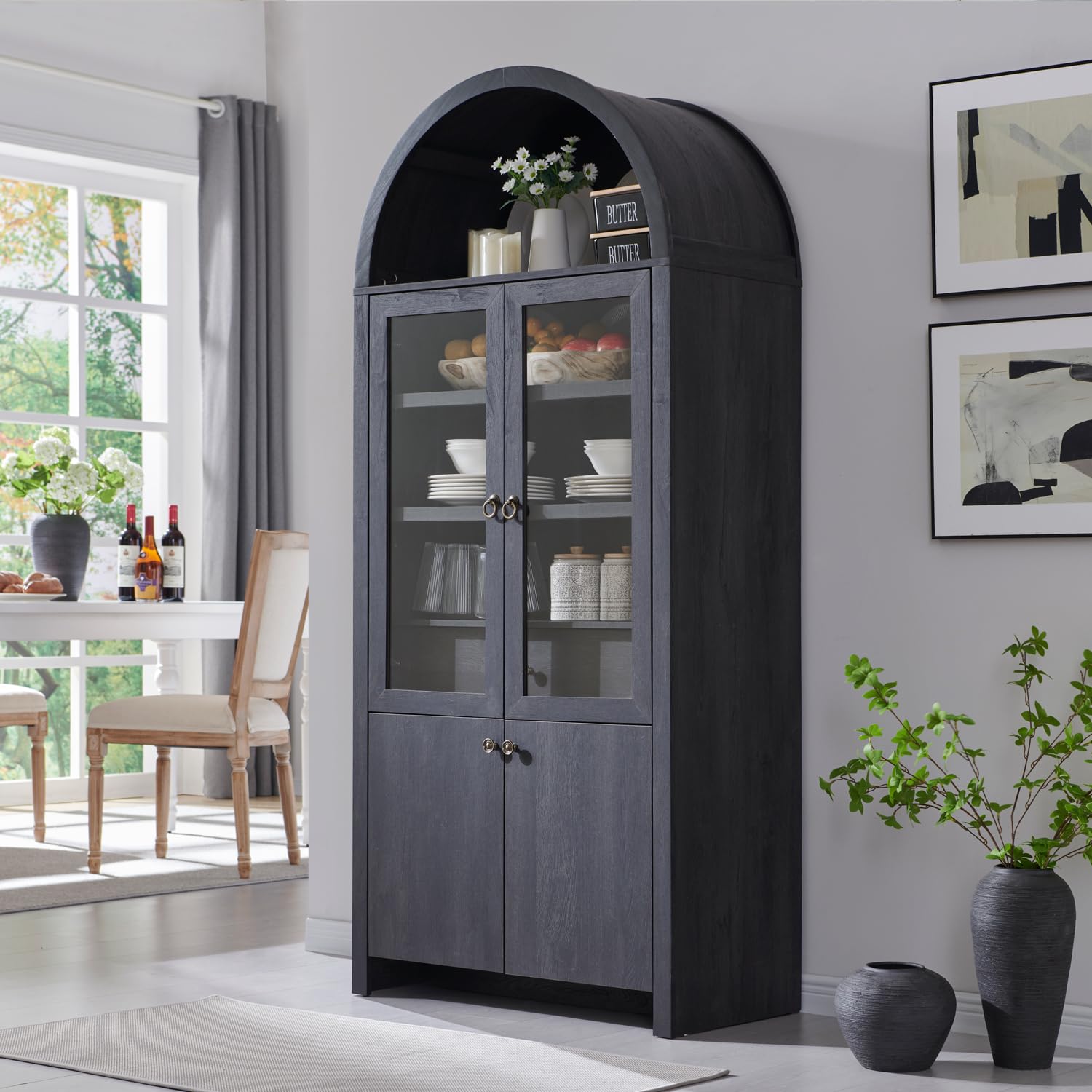 Arched Kitchen Pantry Cabinet with Glass Doors