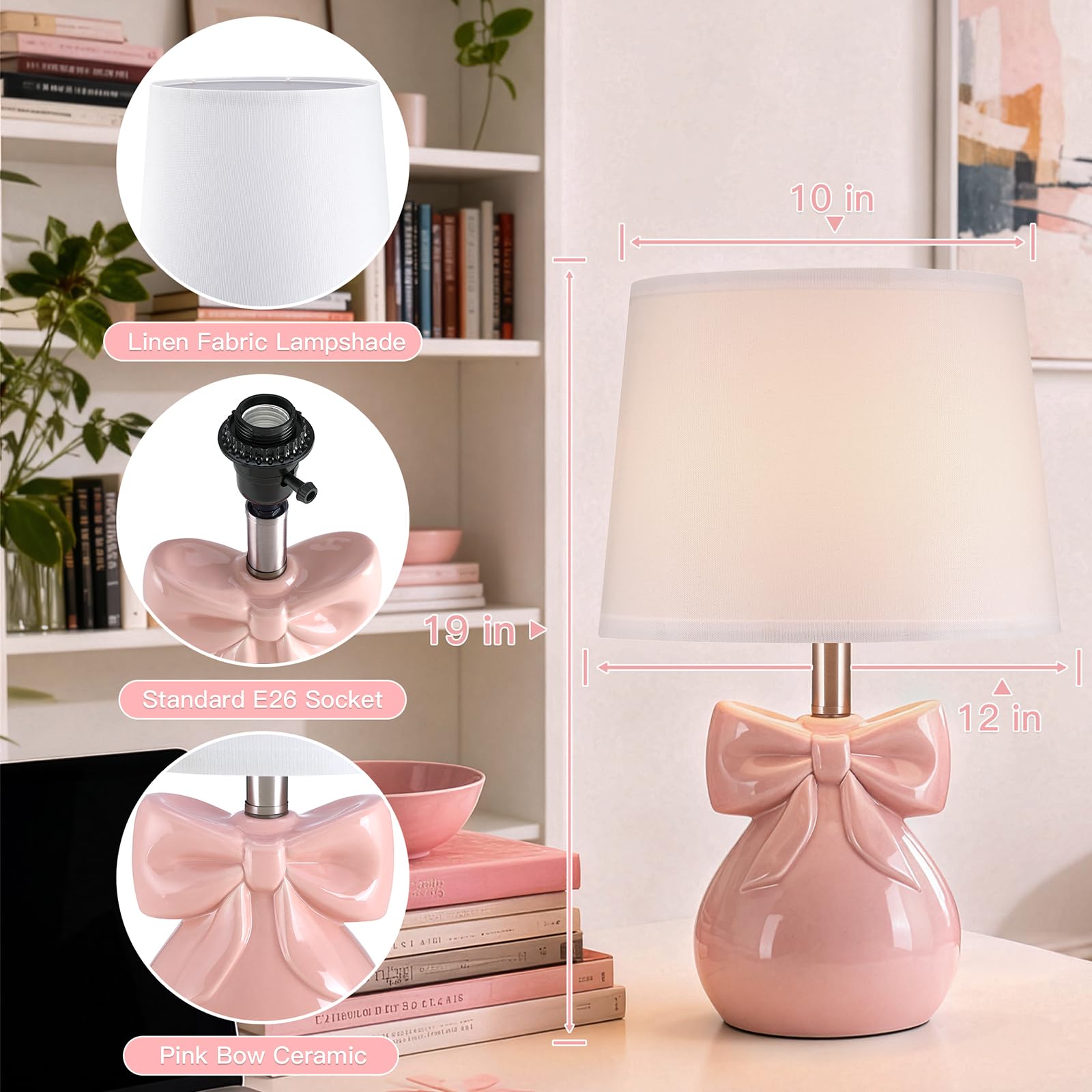 Pink Bow Ceramic Table Lamps Set of 2 - 19" Bedside Lamps with Bulbs
