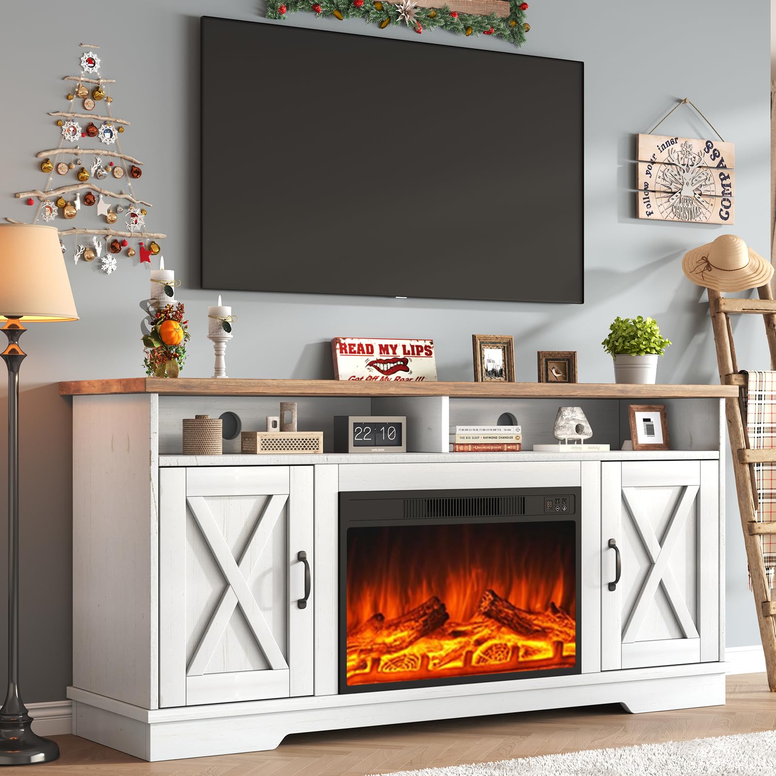 63" Farmhouse TV Stand with 26" Electric Fireplace