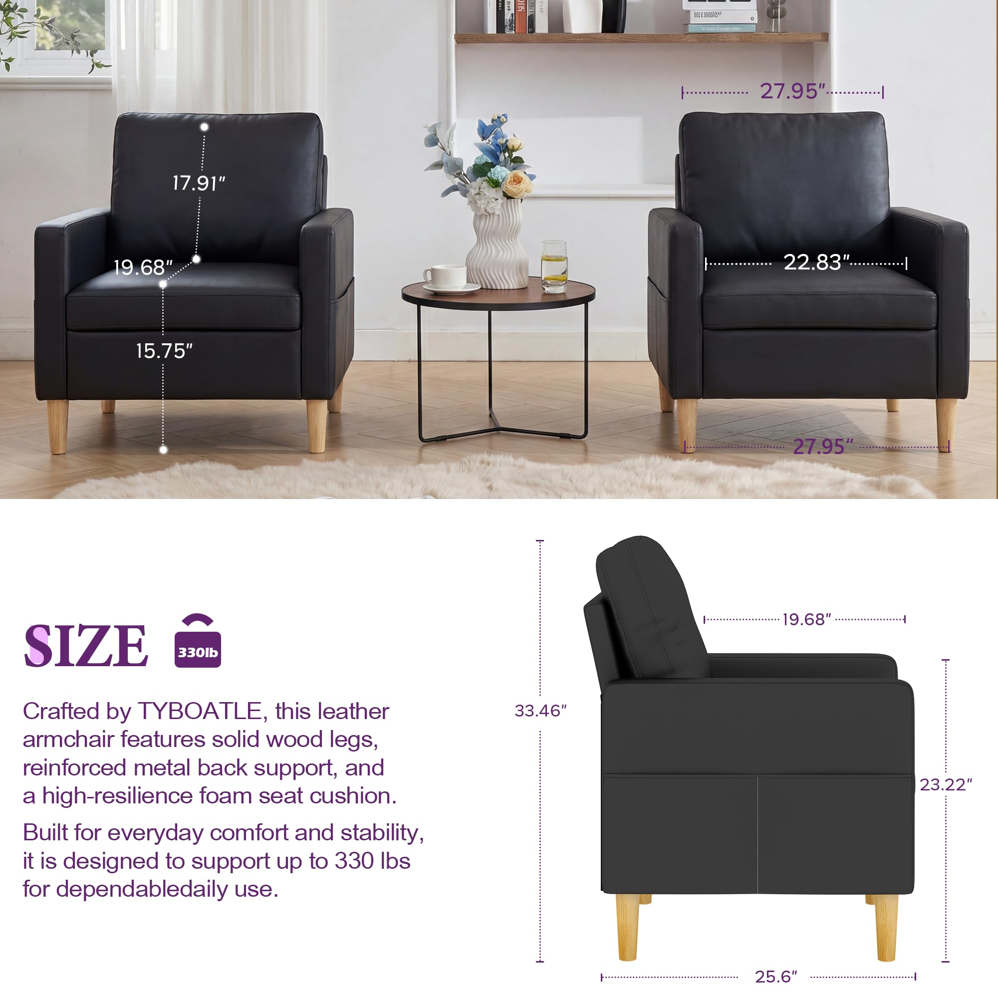 TYBOATLE Leather Chair w/Armrest Pockets, Solid Wood Accent Chairs Set of 2, Mid Century Modern Living Room Chairs, Comfy Waiting Room Chairs for Bedroom, Office, Black