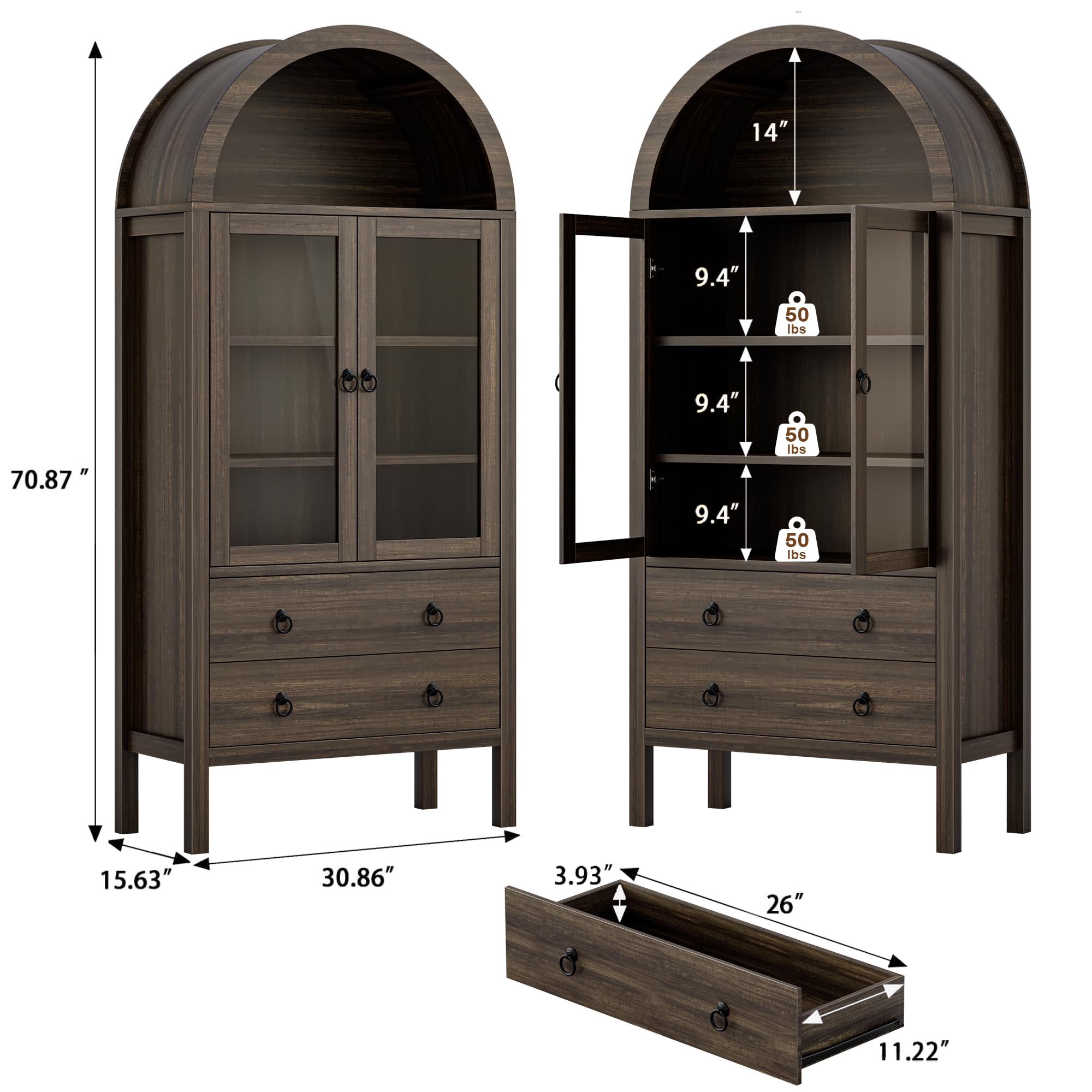 Arched Storage Cabinet with Glass Doors