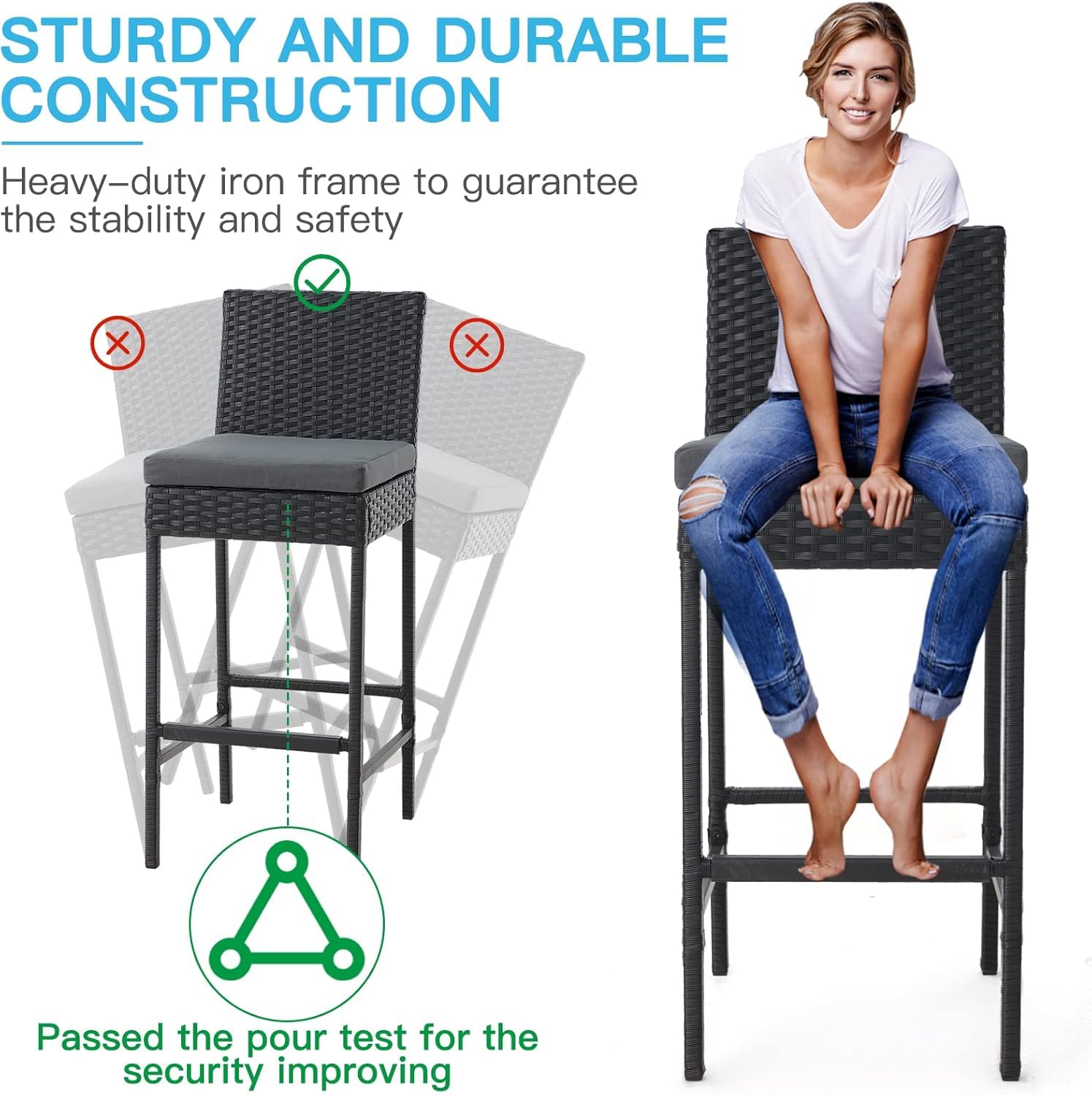 Outdoor Wicker Bar Stools Set of 2 with Footrest and Cushions