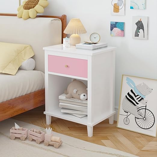 Kids Nightstand with Drawer and Storage Shelf