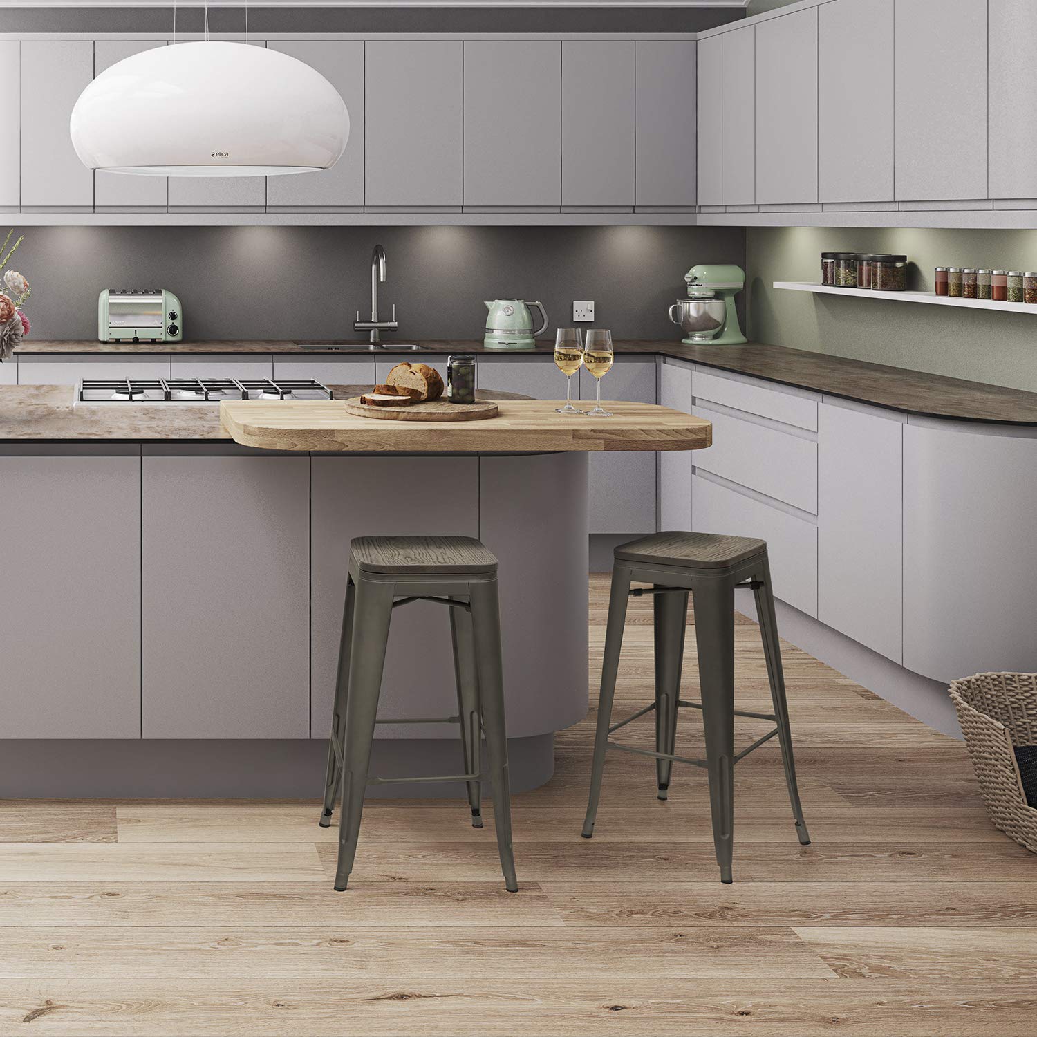 30" Metal Bar Stool Set of 4 - Stackable Industrial Wood Top Barstools