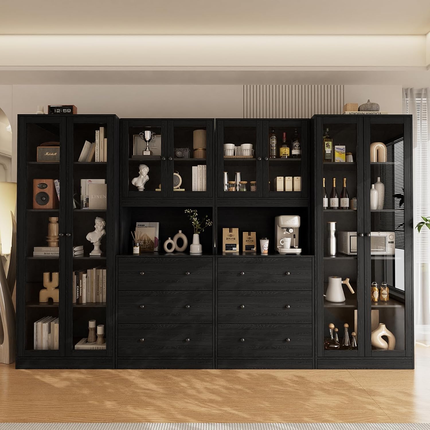5-Tier Modular Storage Cabinet with Glass Doors and Drawers