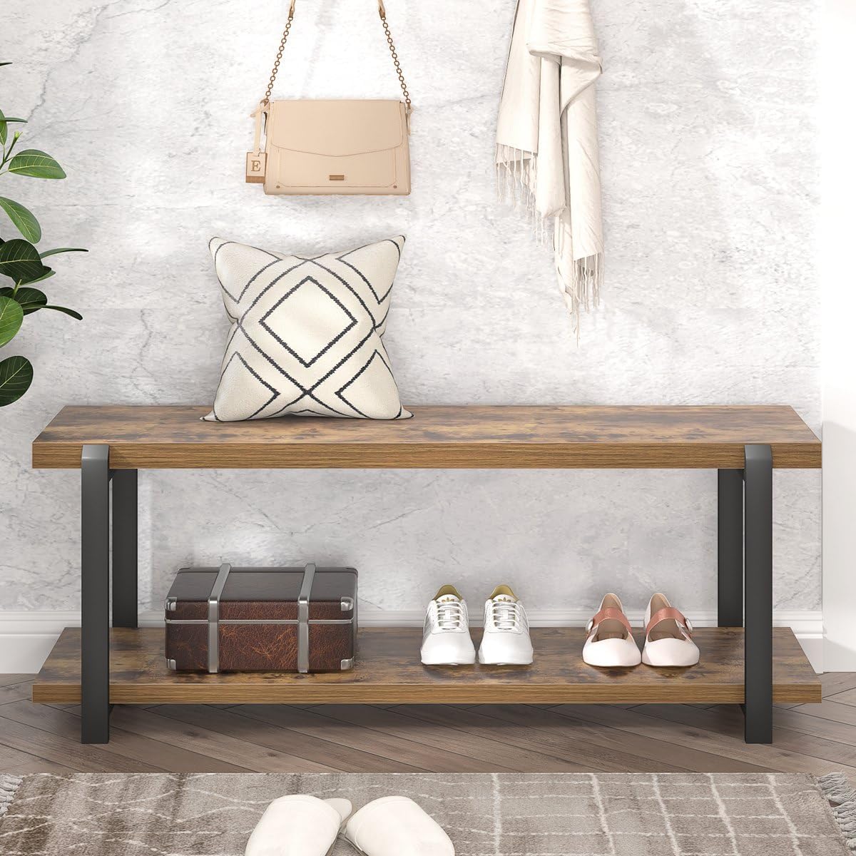 Shoe Storage Bench with Open Shelf