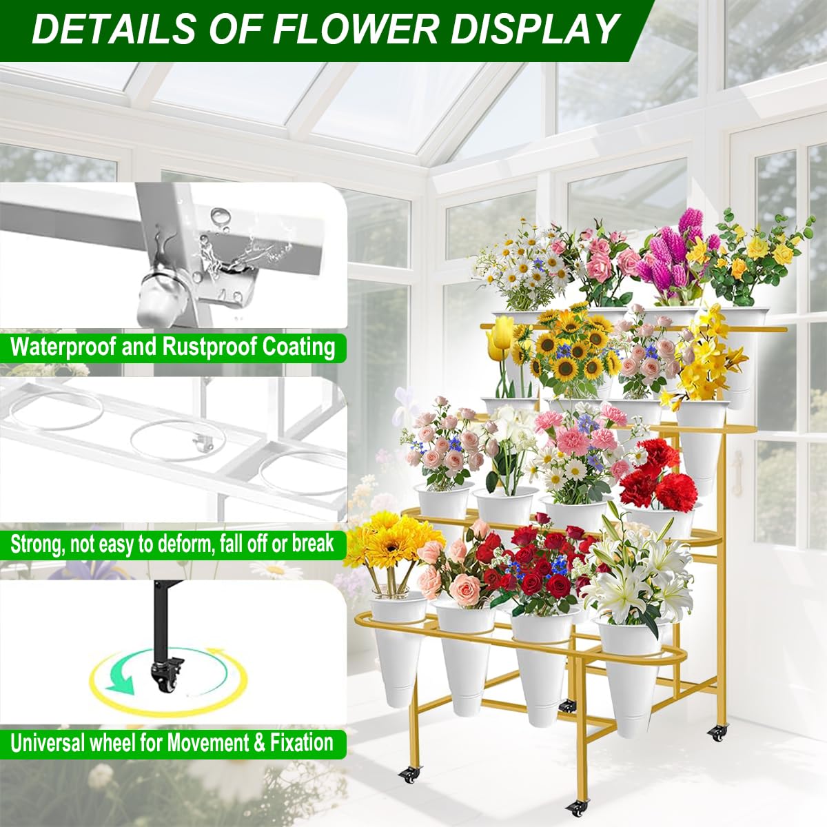 4-Tier Metal Flower Display Stand with 16 Buckets