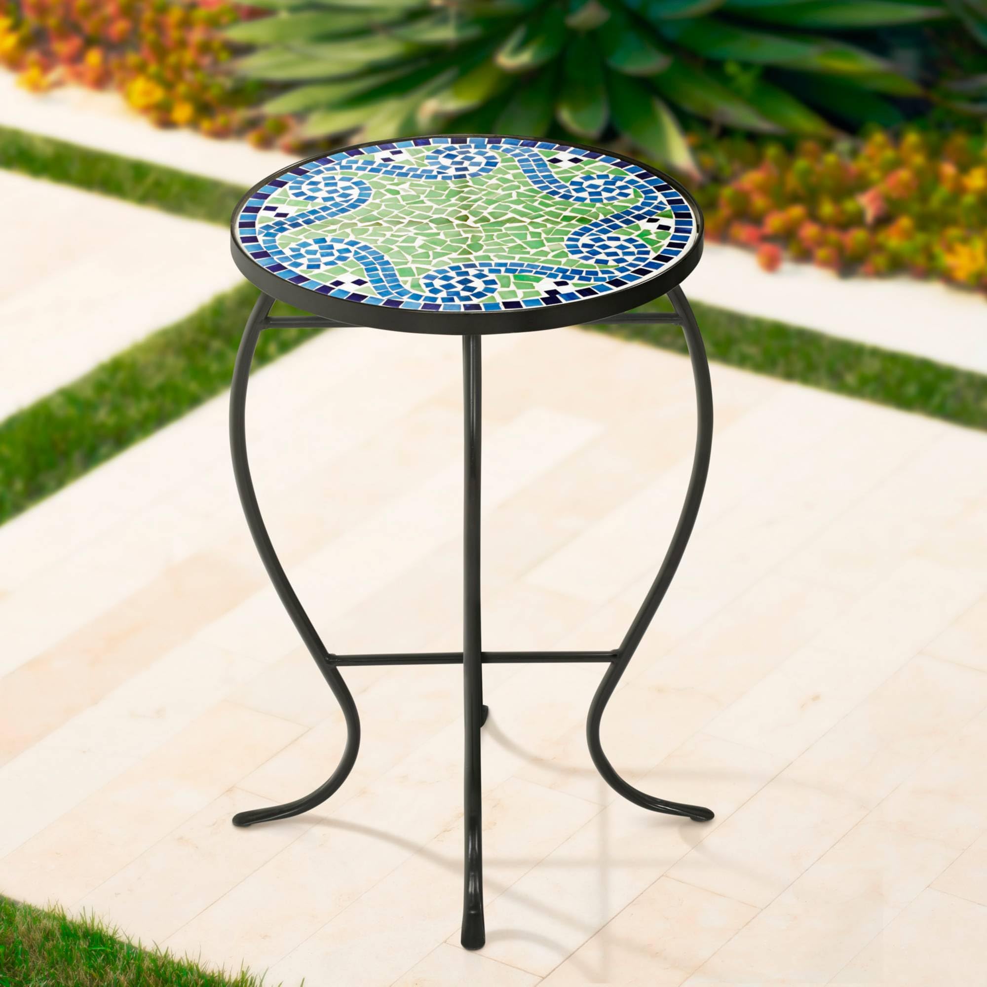 Ocean Wave Mosaic Round Outdoor Accent Tables Set of 2