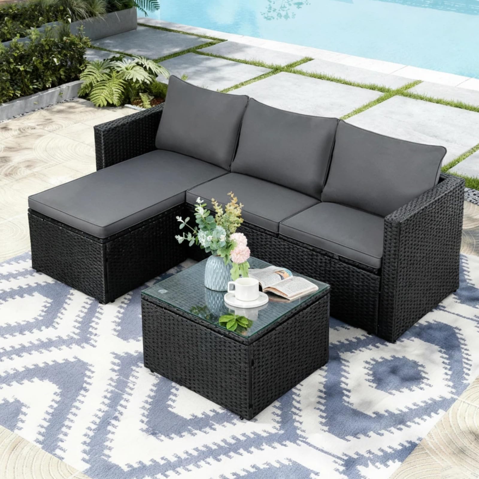 3-Piece Wicker Patio Sectional Sofa Set with Coffee Table
