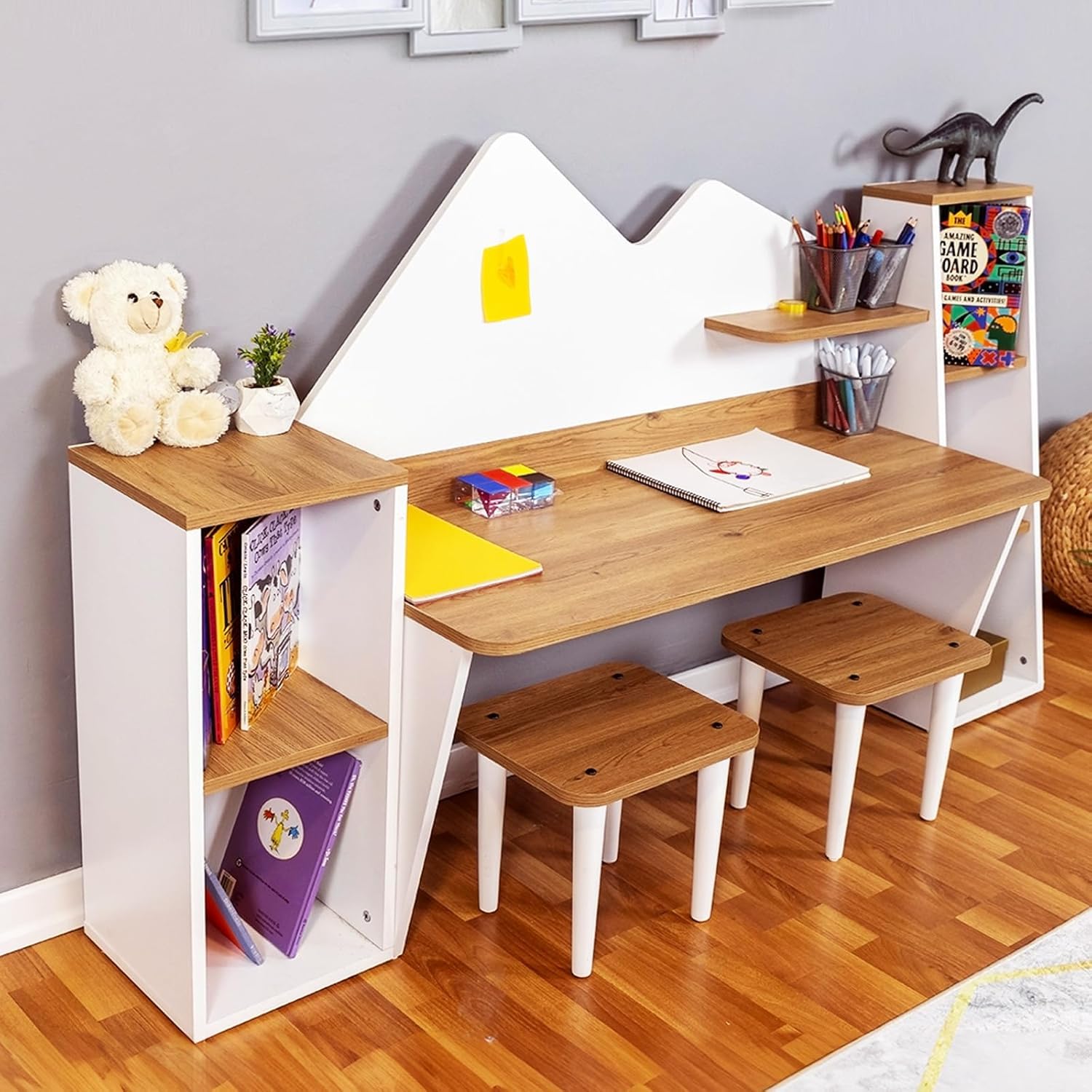 LAWA FURNITURE Kid's Study Desk with Bookshelf + 2 Stools for Ages 3-8, Wooden Children Activity Table with Hutch and Shelves, Kids Bedroom Study Desk with Storage
