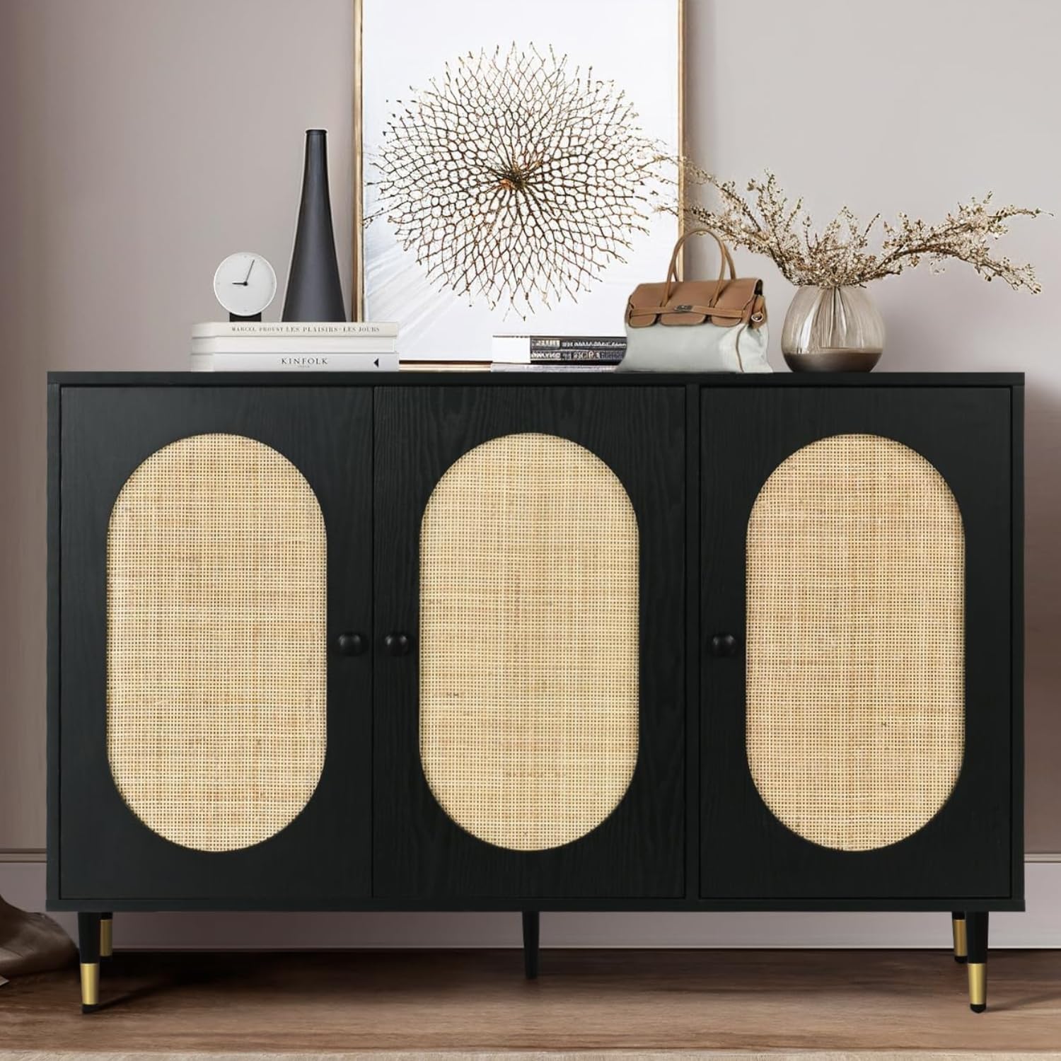 Black Rattan Buffet Cabinet with Adjustable Shelves