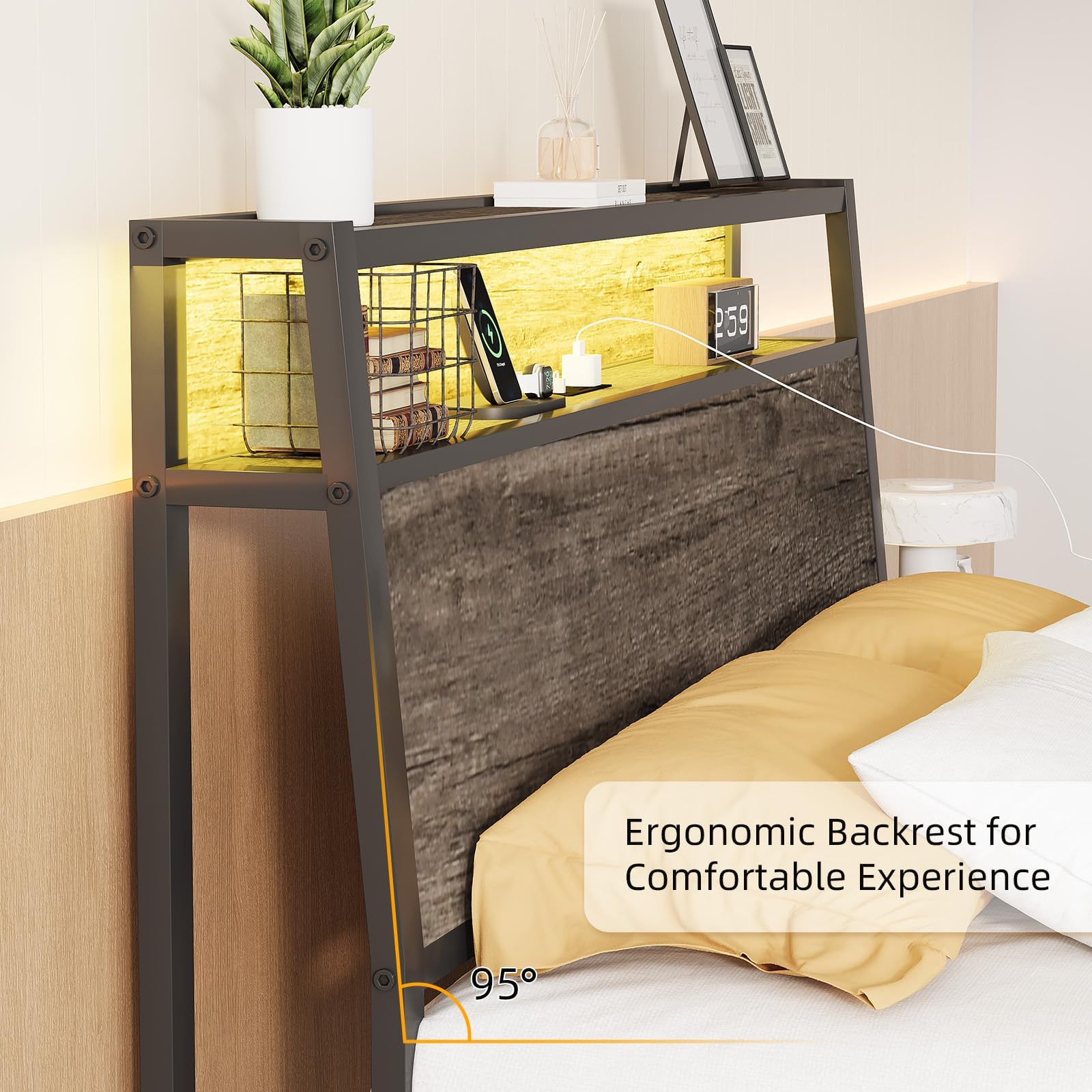 Twin Metal Bed Frame with LED Lights and Charging Station